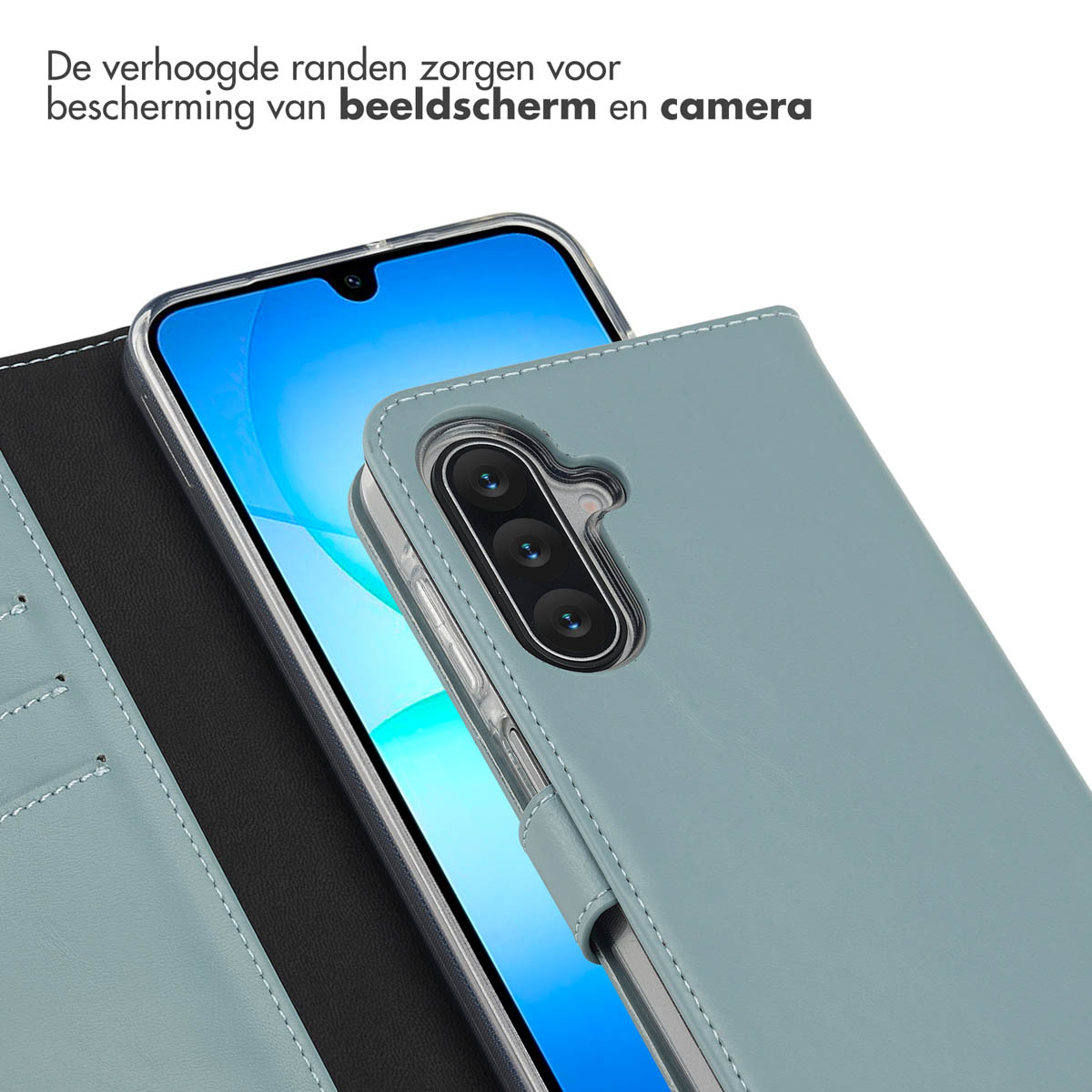 Een blauwe telefoonhoes beschermt een smartphone. De hoes heeft een uitsparing voor de camera. Het scherm is zichtbaar.