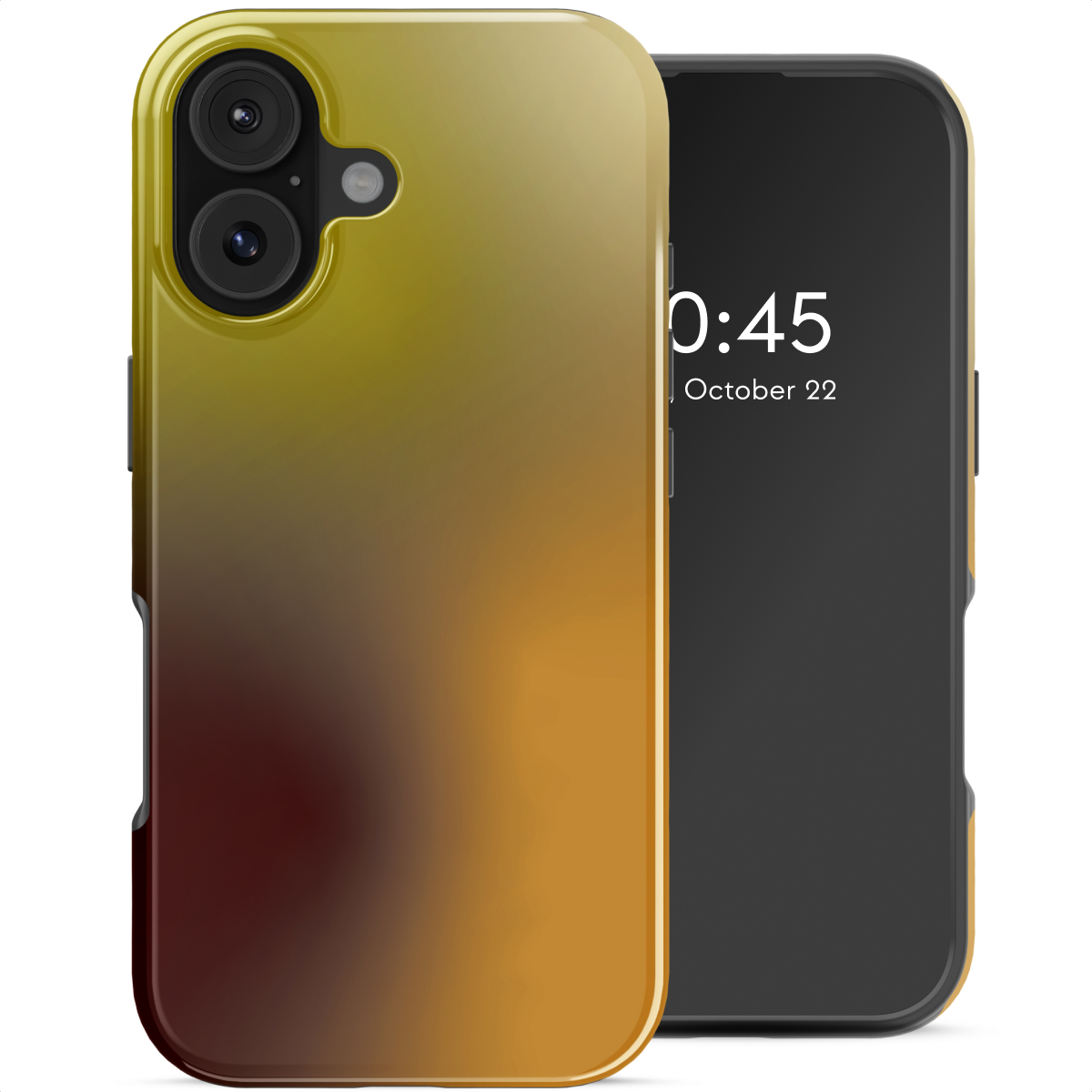 Een telefoon met een verloophoes, die tijd en datum weergeeft. De hoes verloopt van geel naar rood. De telefoon is zwart.