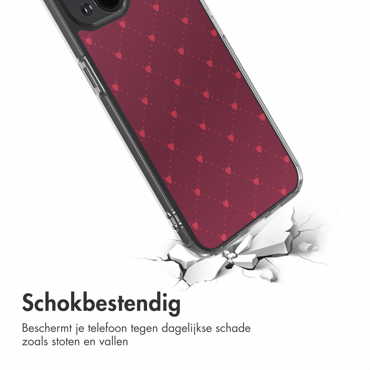 Une coque de téléphone à motif cœur brise une surface, démontrant sa fonction antichoc.