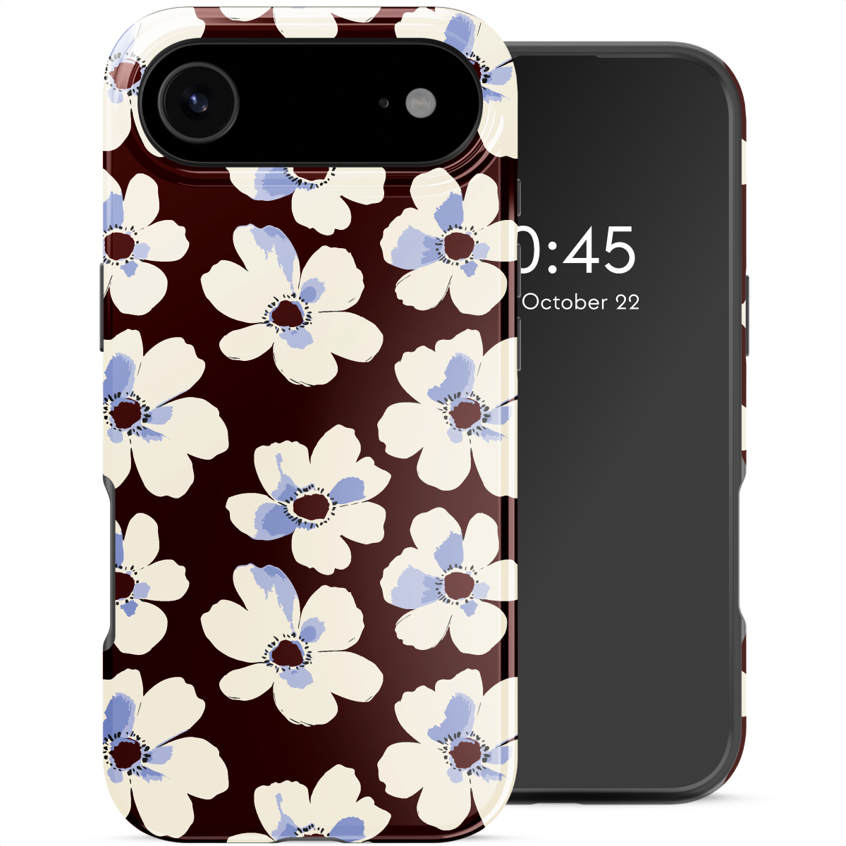 Een telefoonhoesje met witte bloemen met blauwe centra op een donkerbruine achtergrond, een zwarte telefoon rechts, met tijdweergave.