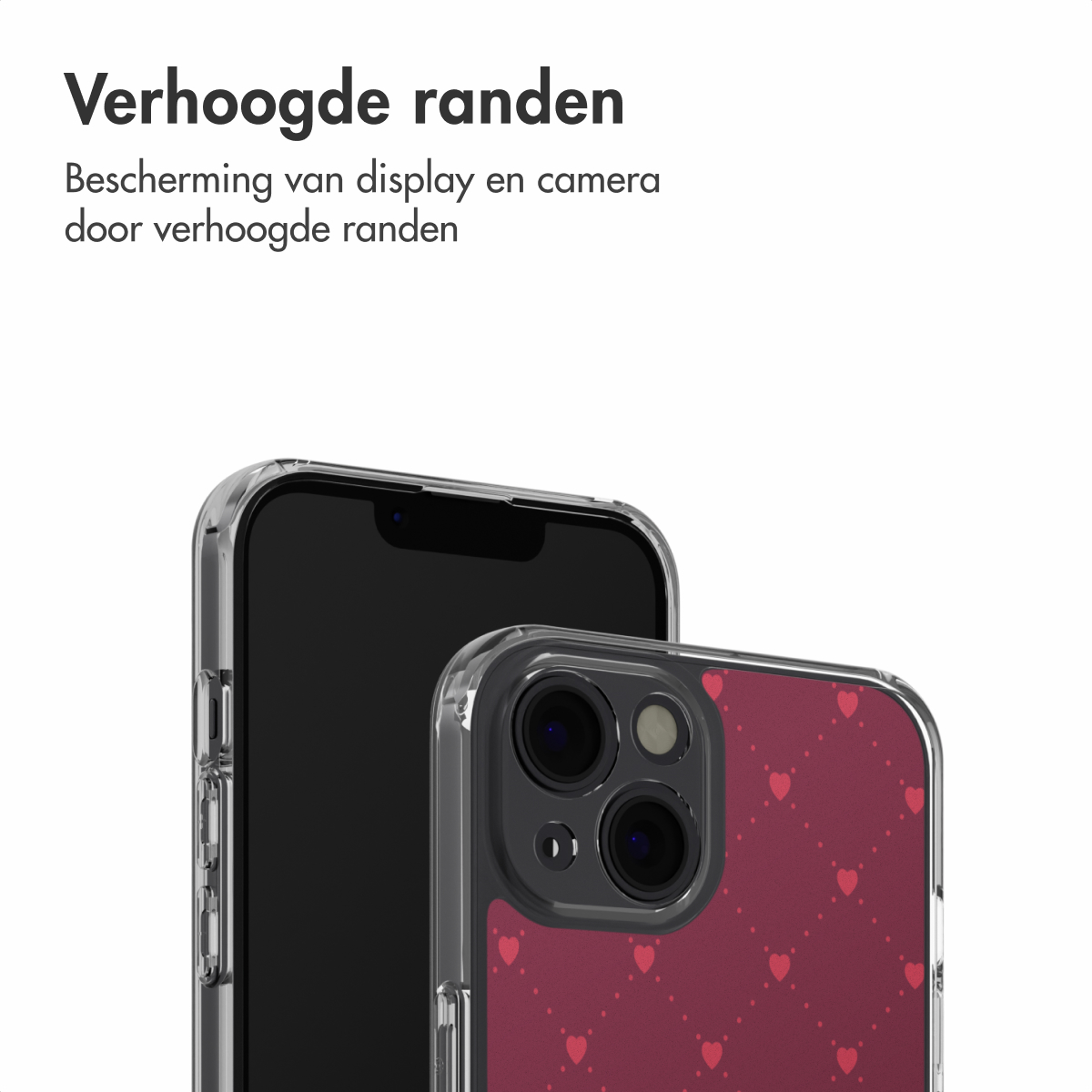 Deux smartphones avec étuis. L'un a un étui transparent, l'autre un étui rouge avec de petits cœurs. Le texte supérieur indique « Bords surélevés ».