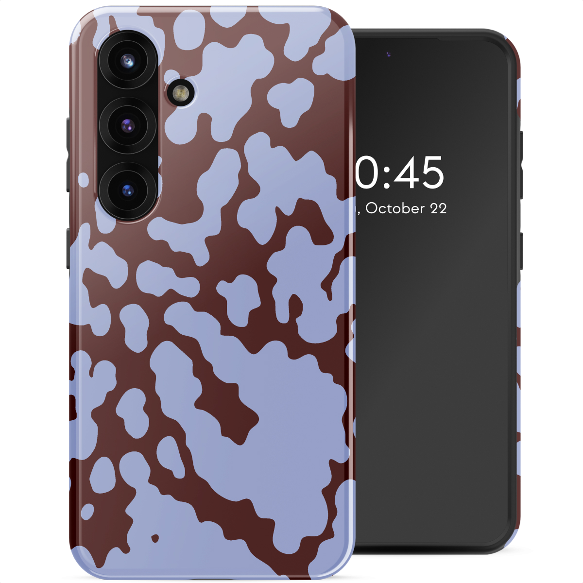 Uno smartphone e la sua custodia a fantasia con macchie blu e marroni. Lo schermo mostra l'ora e la data.