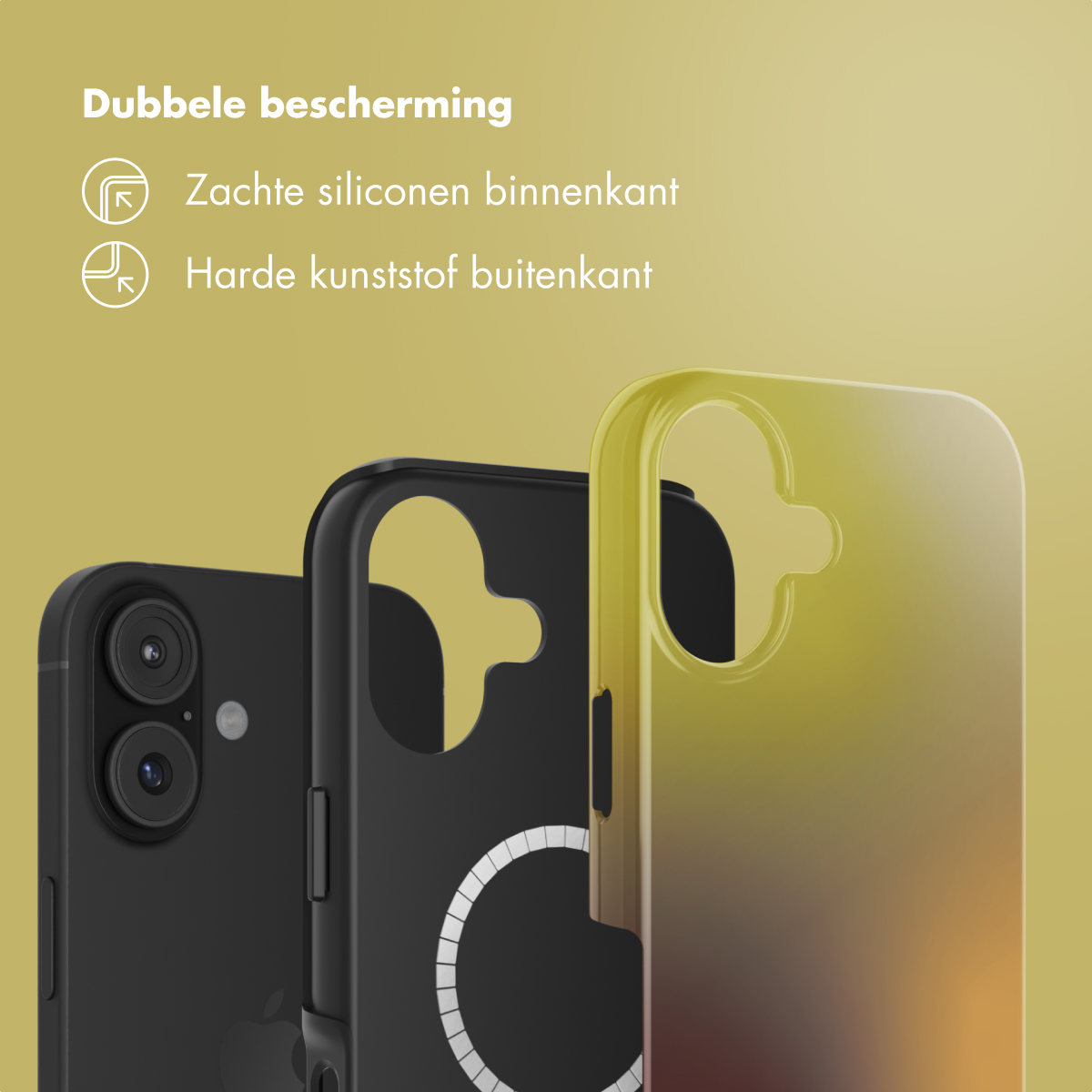 Drie telefoonhoesjes op een rij. De eerste is zwart, de tweede een transparante hoes en de derde geel.
