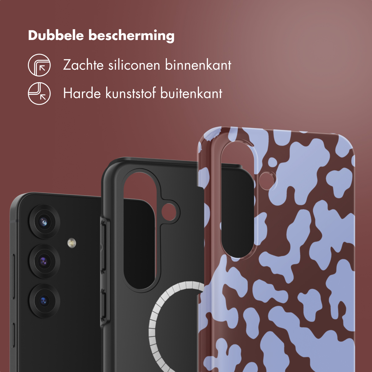 L'immagine mostra tre custodie per telefono. Una nera, una con un cerchio bianco e una marrone con macchie blu. Il testo in alto dice 'Doppia protezione'.