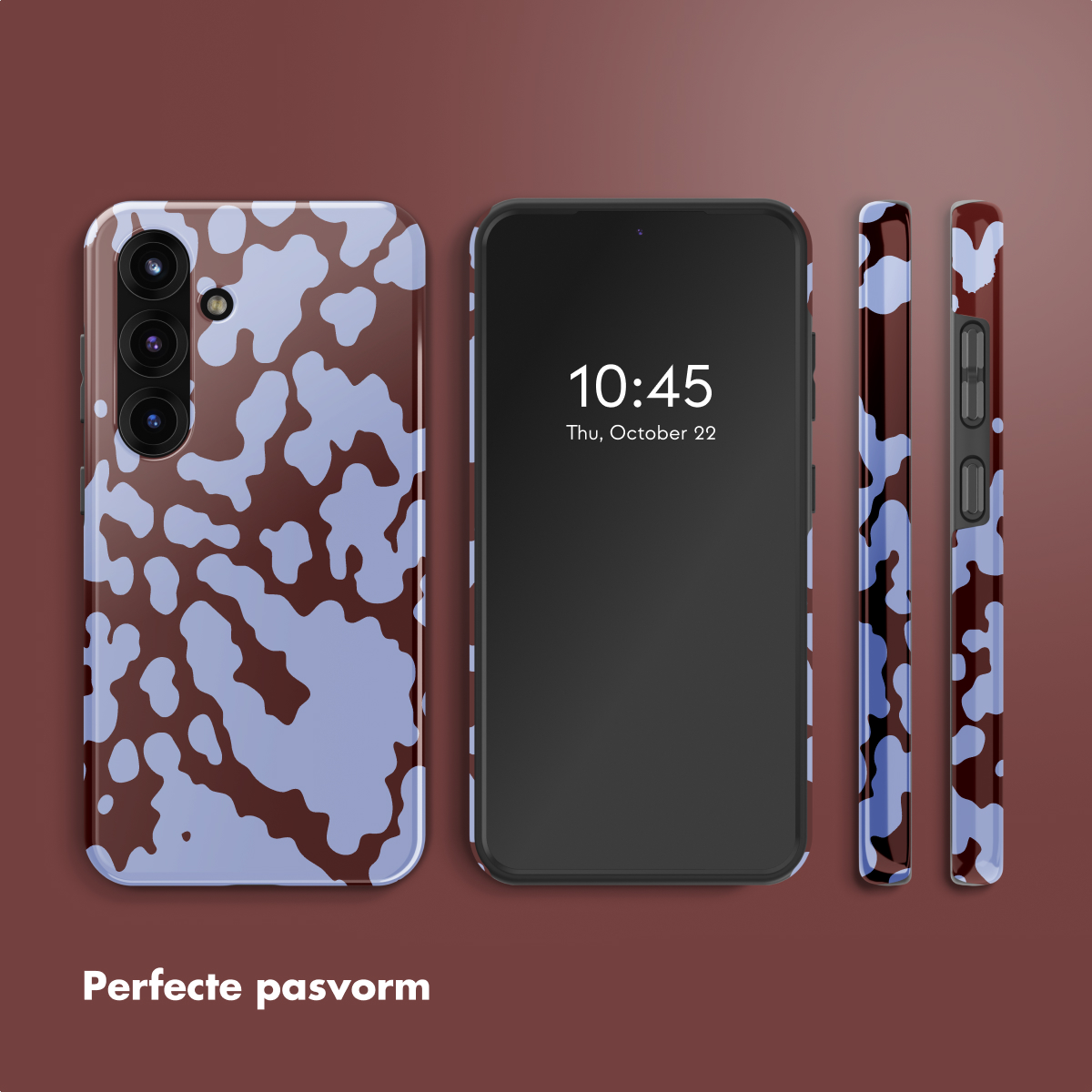 Uno smartphone con custodia a fantasia, che mostra le viste anteriore e laterale, con l'ora visualizzata sullo schermo.