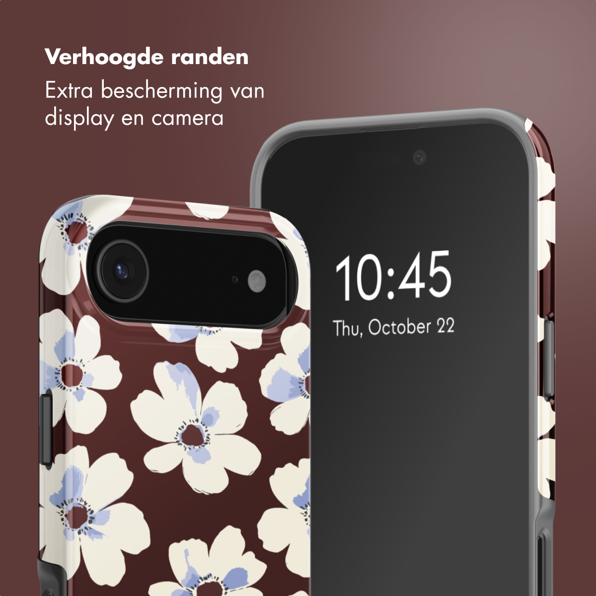 Twee smartphones. Eén toont een klok om 10:45, de andere een bloemenpatroon. Beide hebben beschermhoezen.