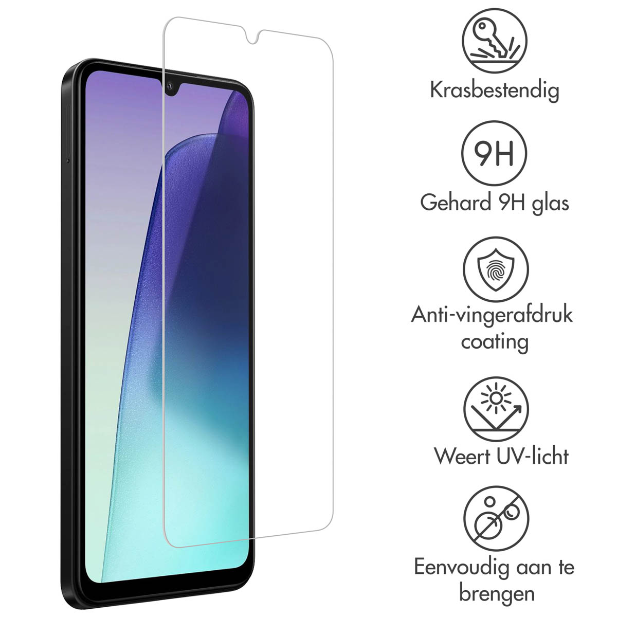 Uno smartphone nero con protezione schermo a sinistra, sfondo bianco con testo sulle caratteristiche della protezione.