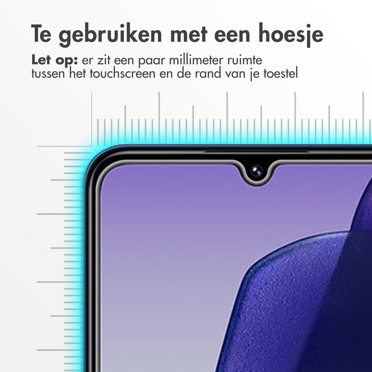 Un proteggi schermo per telefono con schermo viola. Il testo in alto dice: 'Da usare con una custodia'. Il testo in basso spiega lo spazio.