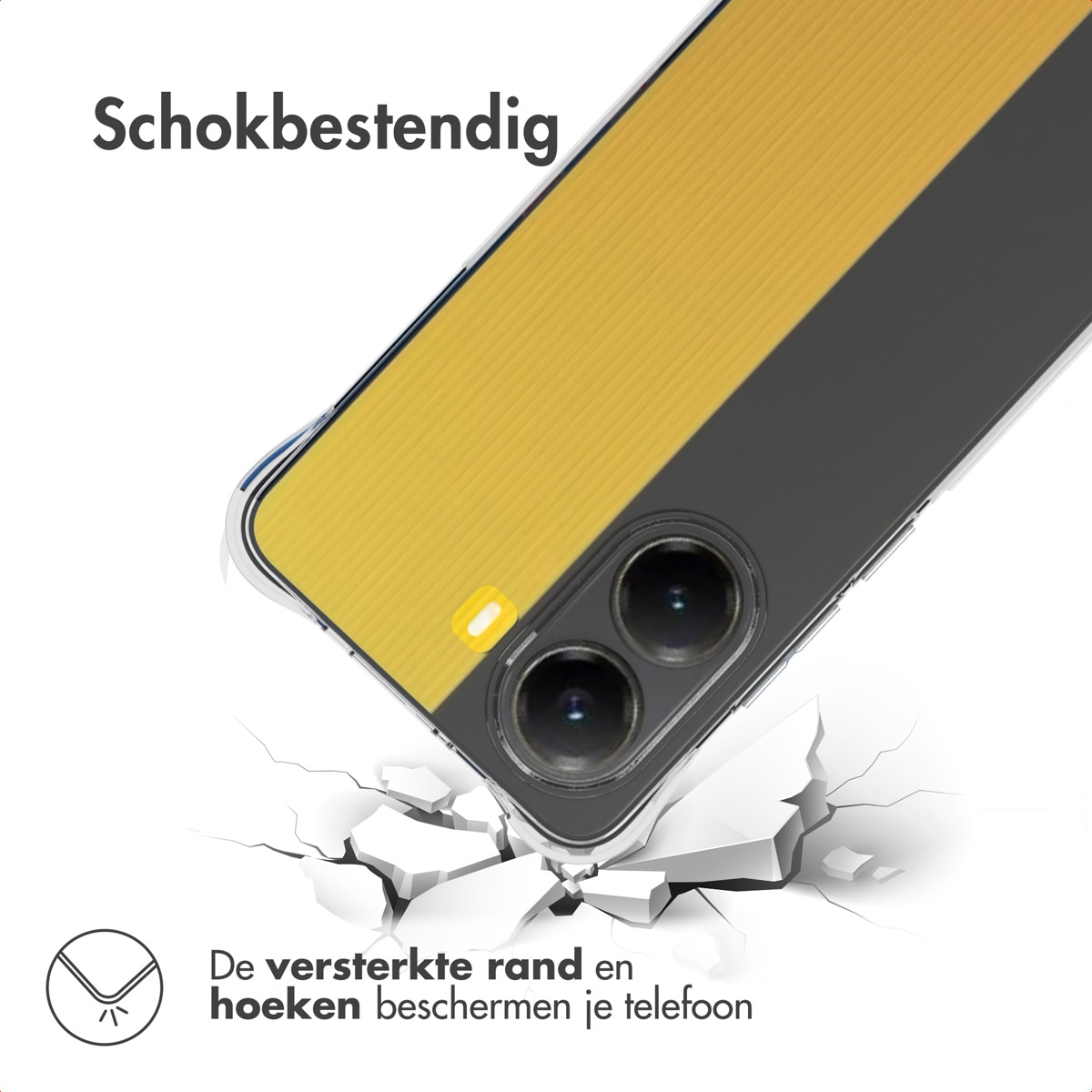 Una custodia per telefono con colori giallo e grigio viene fatta cadere. La custodia ha due obiettivi e si trova su una superficie incrinata.