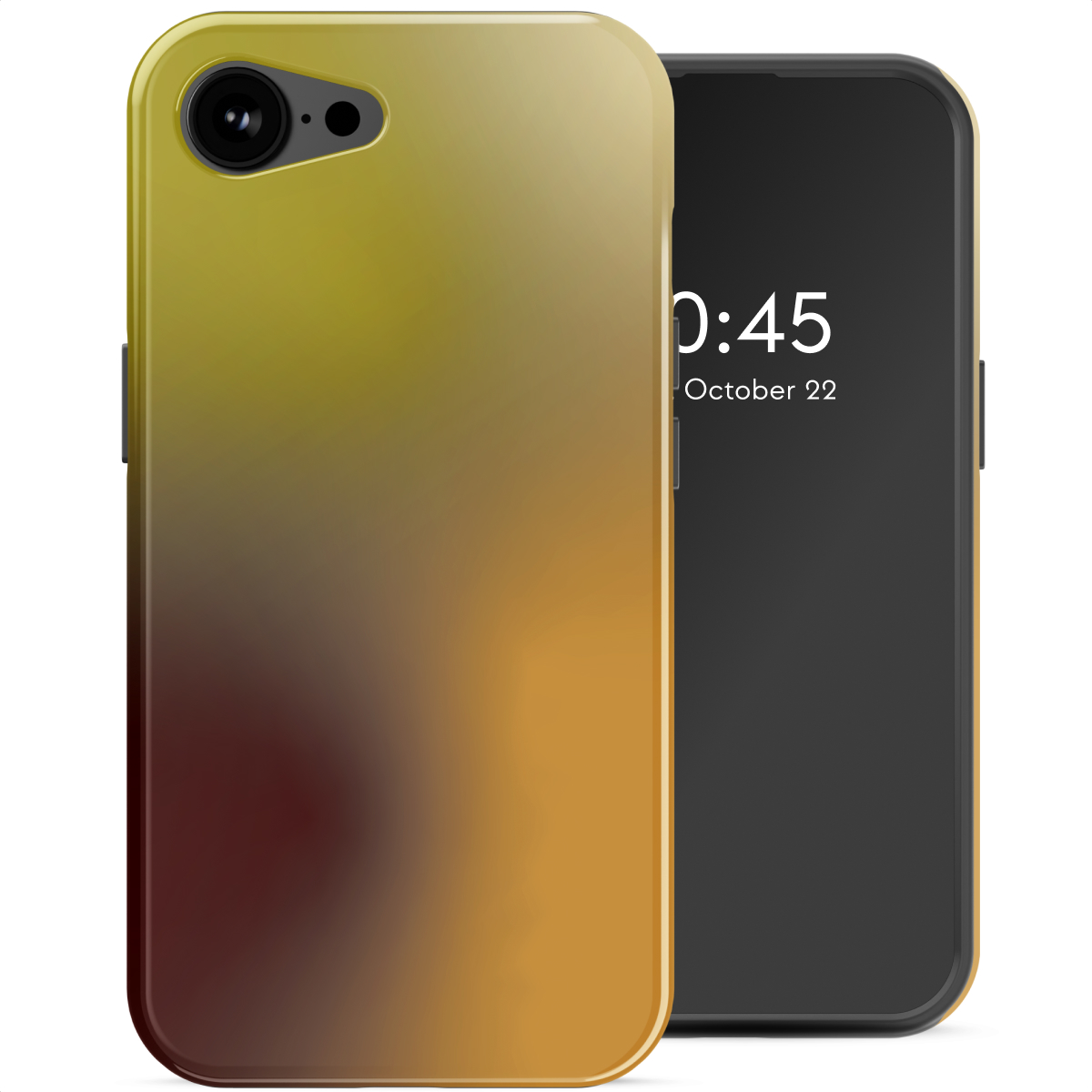 Un smartphone avec un étui coloré et un écran noir, affichant 0:45 et le 22 octobre. L'étui a un objectif d'appareil photo.