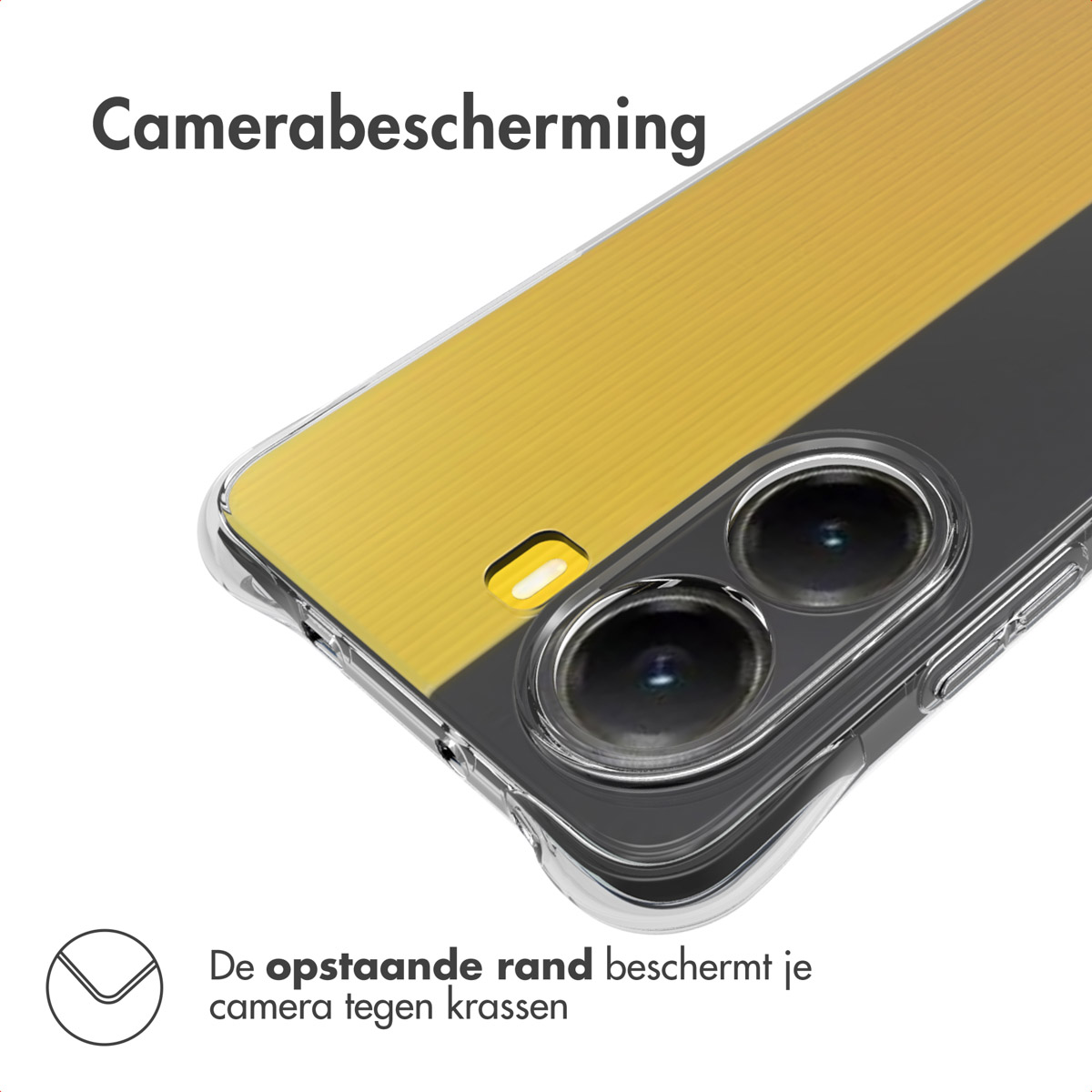 Una custodia per telefono con design giallo e nero. Ha un paraurti trasparente e protegge la fotocamera. Testo: 'Camerabescherming'.