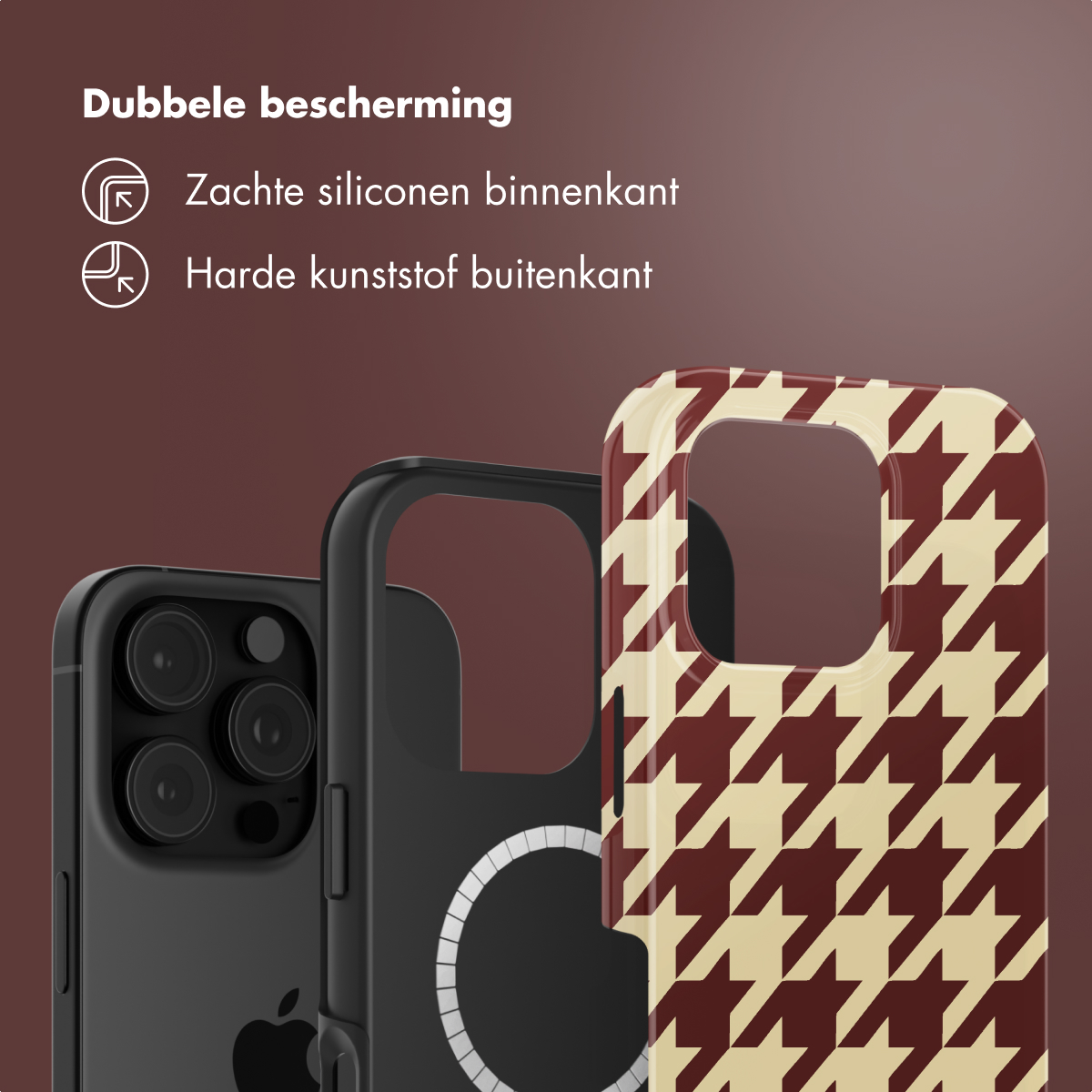 Telefoonhoesjes in verschillende stijlen worden getoond, waaronder een hondenstooth-ontwerp en een zwarte hoes met Apple-logo.