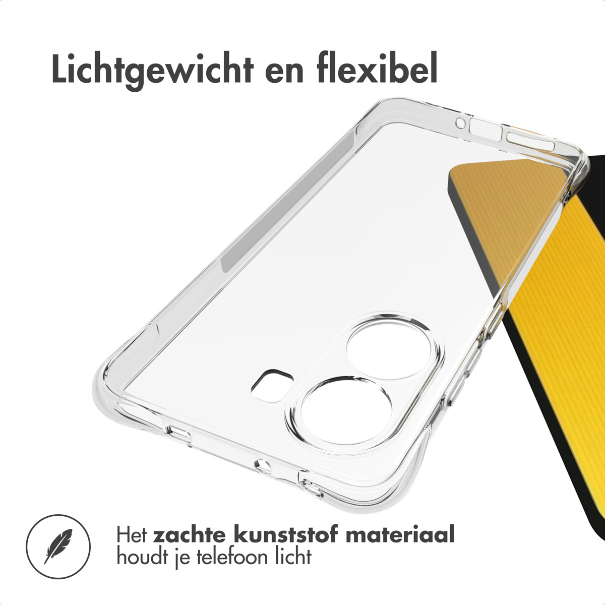 Una custodia trasparente per telefono, con parte di un telefono giallo visibile. Il testo dice 'Leggero e flessibile' e 'Il materiale plastico morbido mantiene leggero il telefono'.