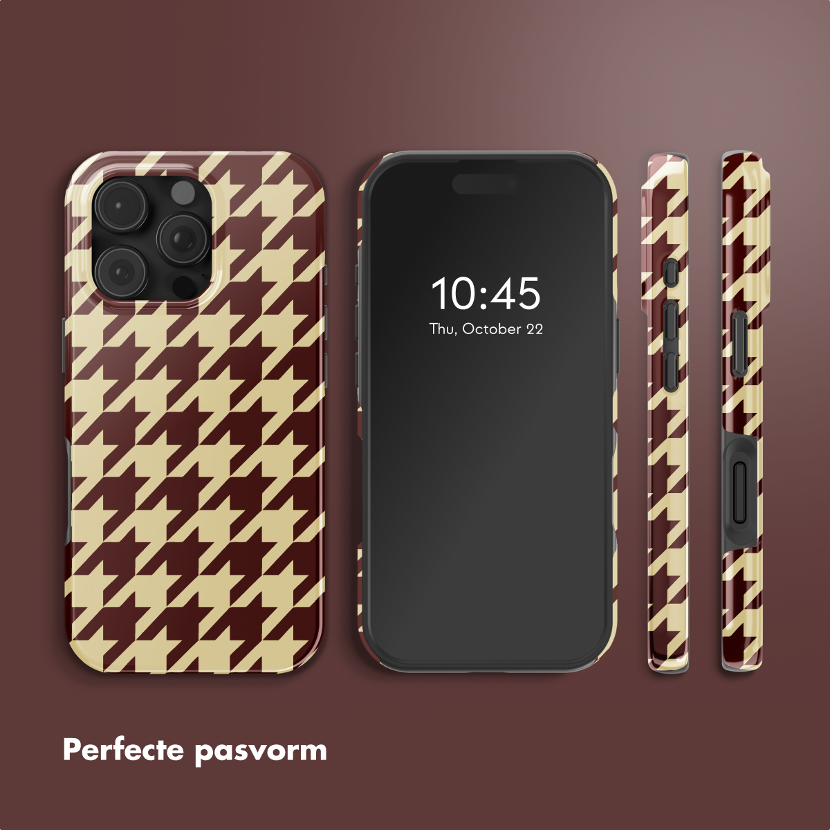 Een telefoon met een hoesje met pied-de-poule patroon. Het scherm toont de tijd en datum. Extra case zijkanten worden getoond.