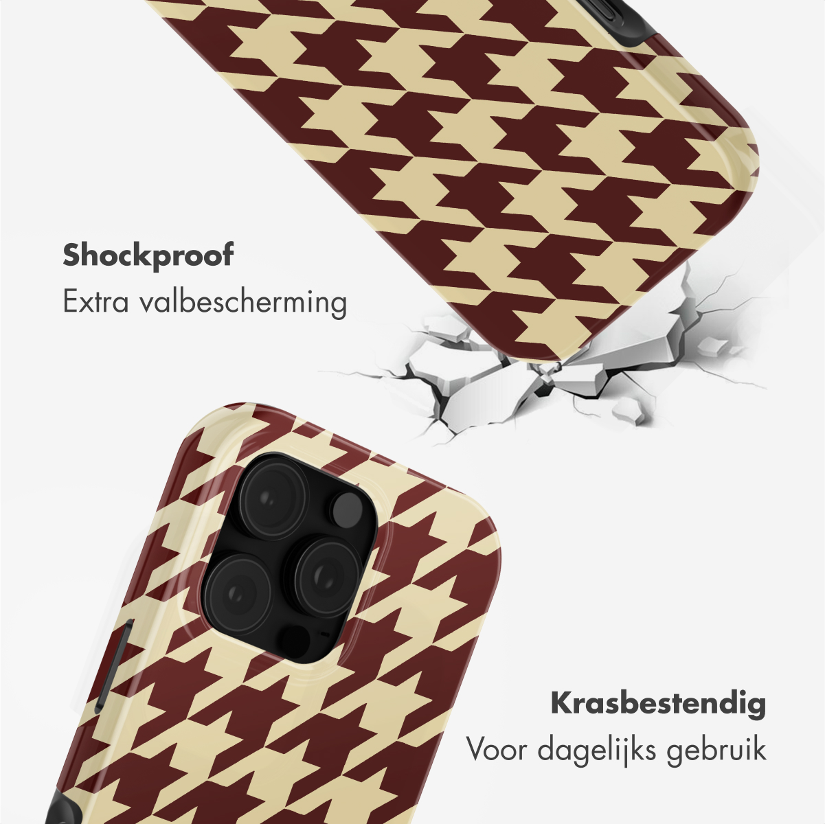 Twee telefoonhoesjes met een hondenpoottje patroon. Eén valt, waardoor de grond breekt. Tekst: 'Schokbestendig' en 'Krasbestendig'.
