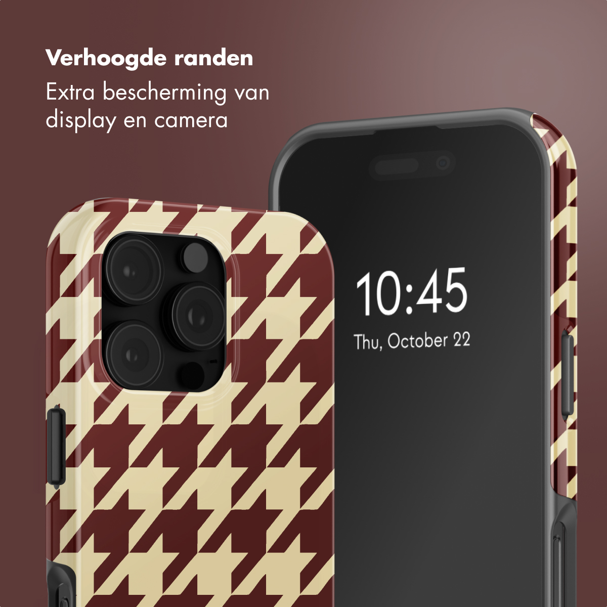 Een telefoon in een hondenvoetjes hoesje. Het scherm toont 10:45, 22 oktober. Tekst luidt: 'Verhoogde randen, extra bescherming voor display en camera'.