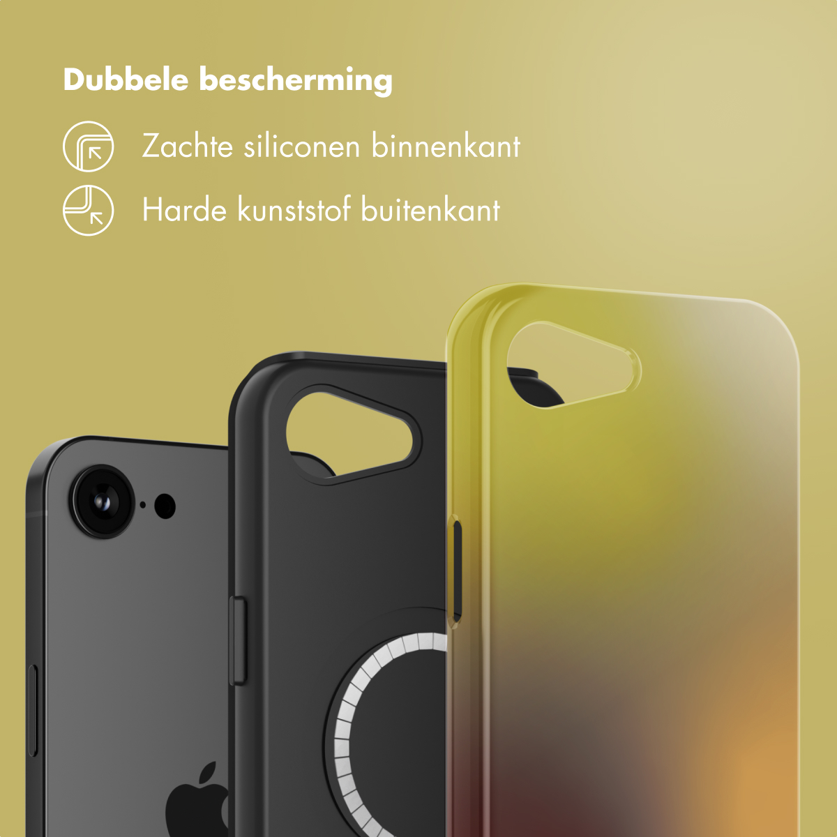 Trois coques de téléphone: noir, noir avec anneau blanc et dégradé jaune-brun. Texte : 'Double protection', 'Silicone souple à l'intérieur', 'Plastique dur à l'extérieur'.