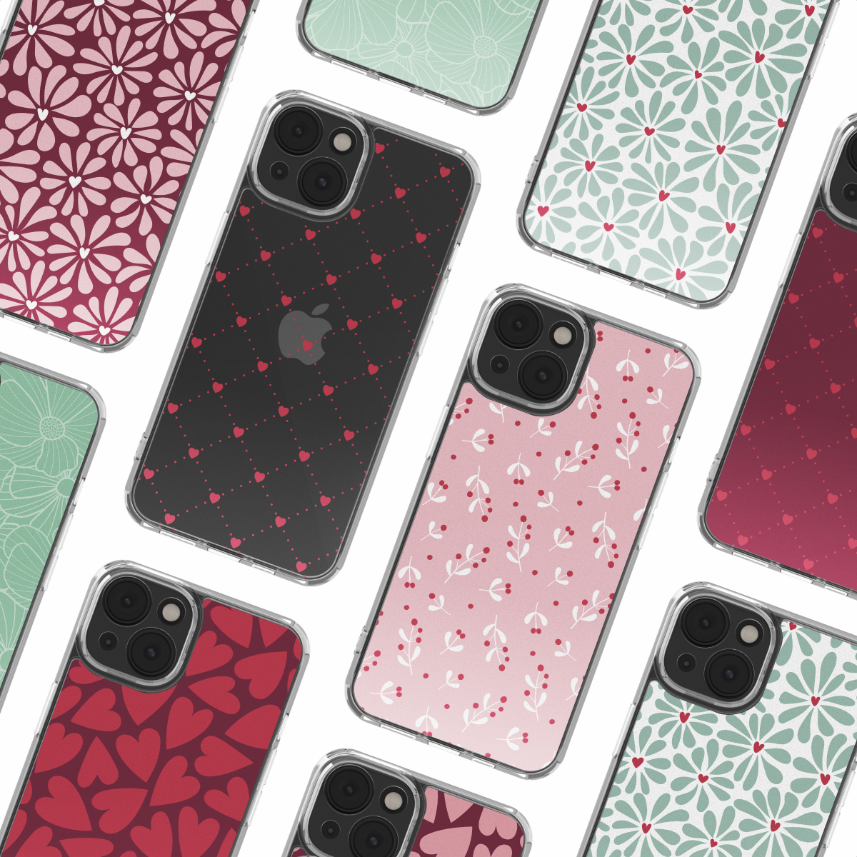 Collectie iPhone-hoesjes met diverse patronen: harten, bloemen en bloemmotieven. Kleuren zijn rood, roze, groen en zwart.
