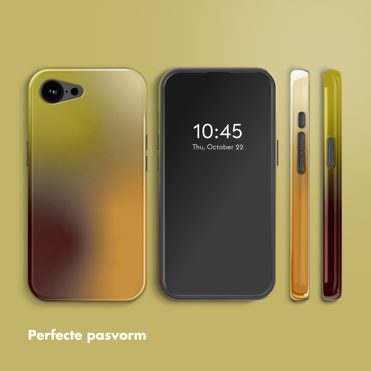 Un téléphone avec un écran noir affichant l'heure 10:45, des coques de téléphone aux dégradés jaune, orange et marron, sur fond jaune.