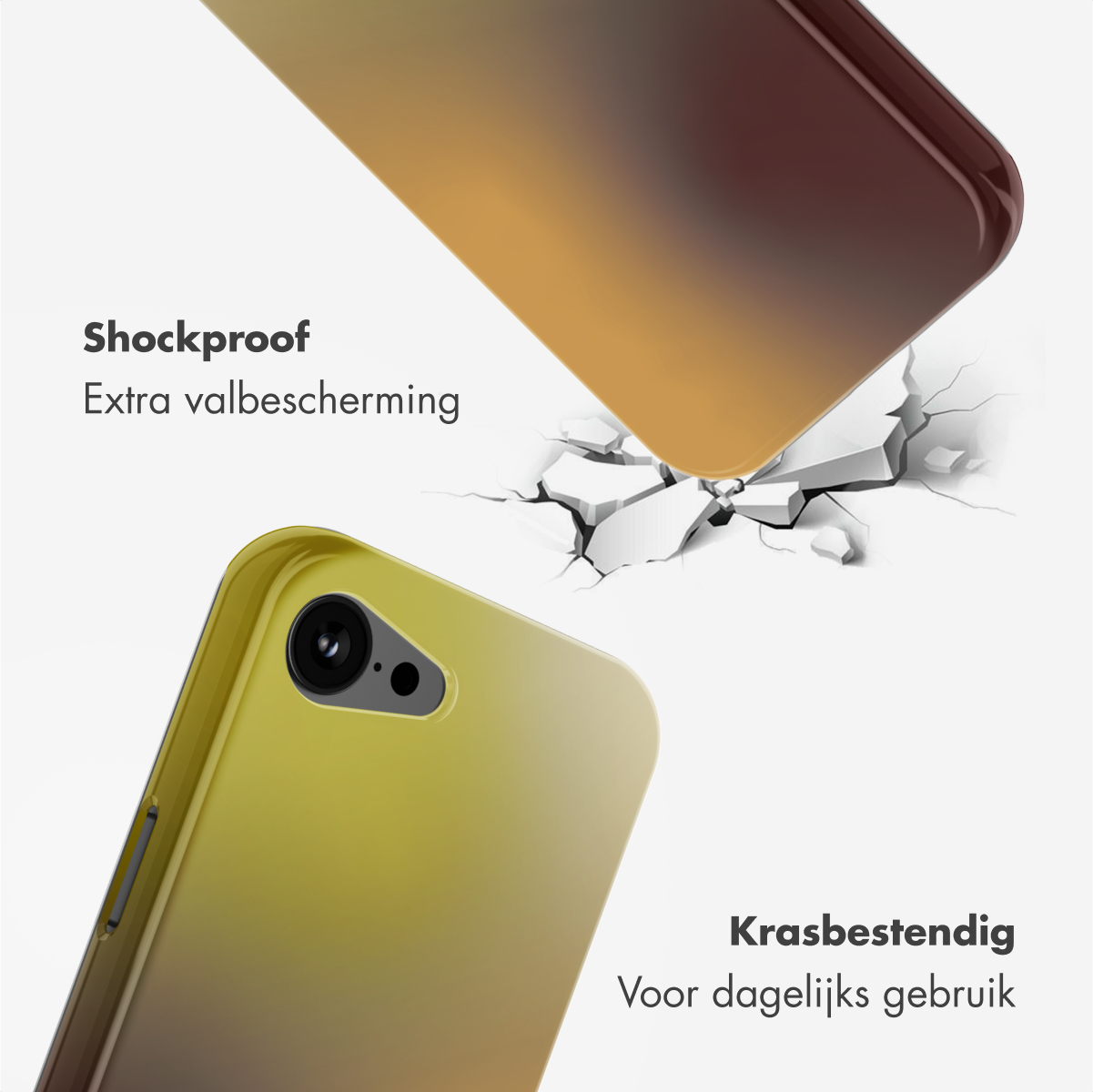 Deux coques de téléphone, une tombant, une intacte. L'impact provoque des fissures. Textes : Antichoc, Protection supplémentaire, Résistant.