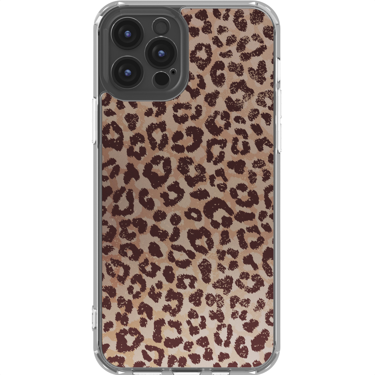Une coque de téléphone avec un motif léopard. La coque a une bordure transparente et un fond beige avec des taches marron.