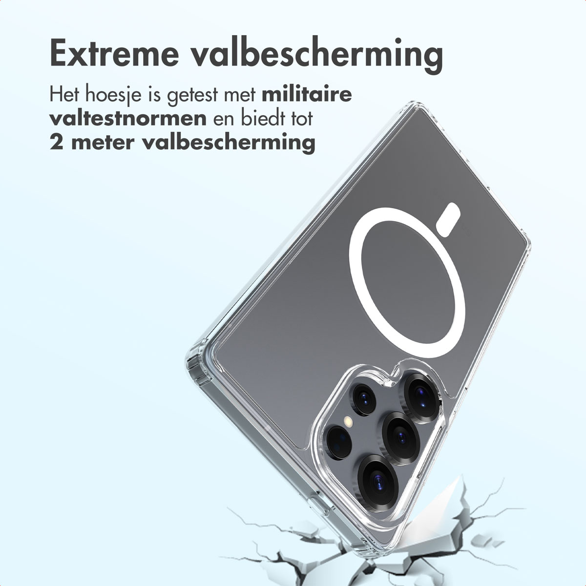 Une coque de téléphone transparente est montrée, en angle, avec un téléphone à l'intérieur. Le texte en haut dit "Protection extrême contre les chutes". La coque est près du sol brisé.