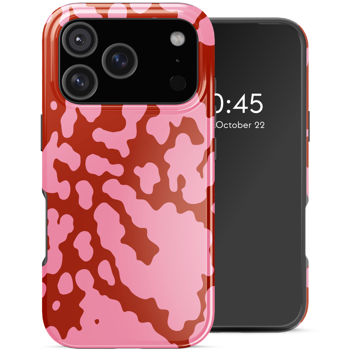 Een telefoon met een hoesje. Het hoesje heeft een roze en bruin patroon. Het telefoonscherm toont de tijd en datum.