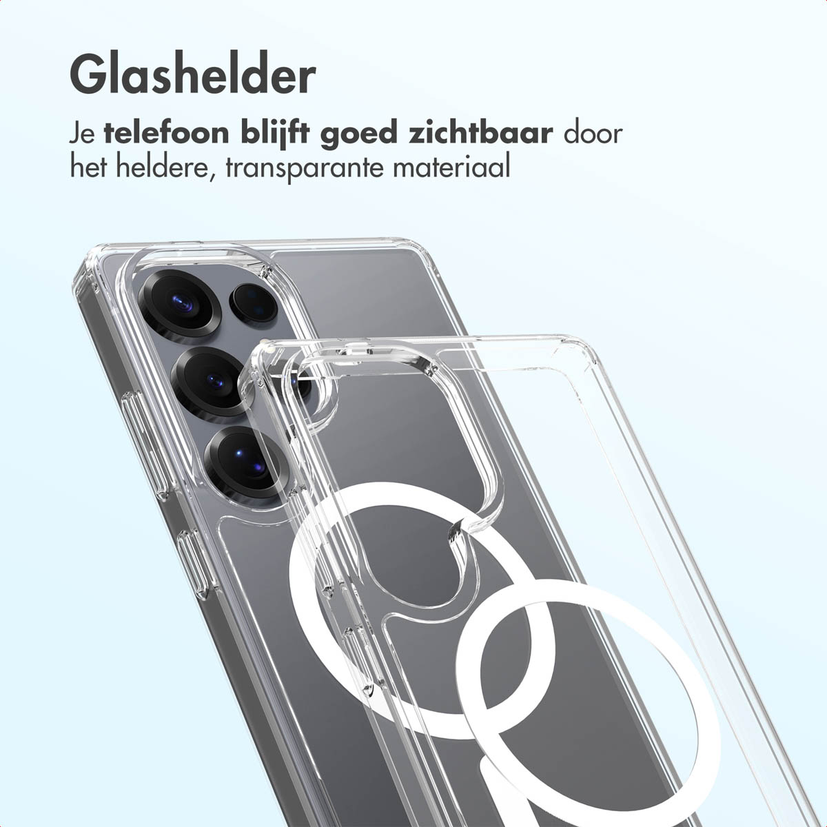 Un étui de téléphone transparent est affiché sur un téléphone. L'étui est clair, présentant le téléphone et ses objectifs d'appareil photo.