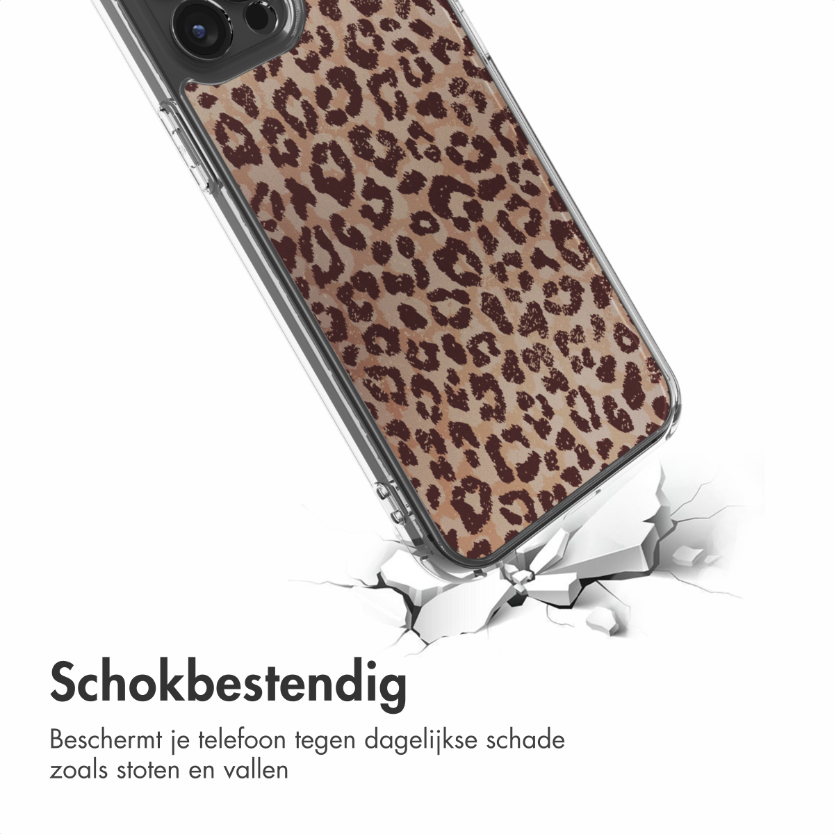 Une coque de téléphone avec un imprimé léopard. La coque est sur une surface blanche fissurée, suggérant une résistance aux chocs.