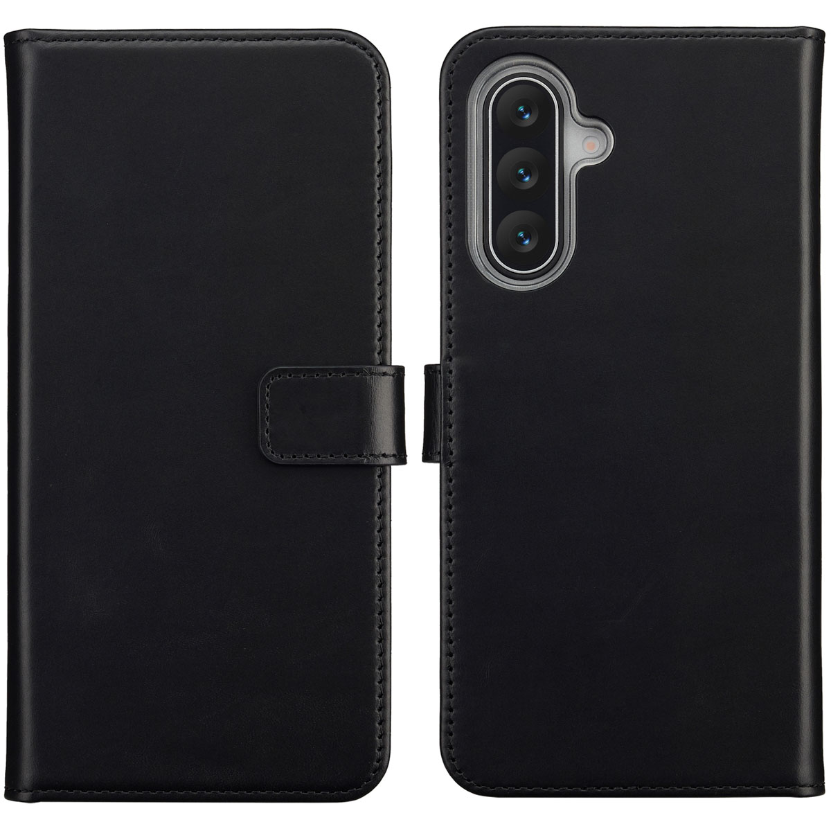 Zwarte leren telefoonhoes open, met telefoon zichtbaar aan de rechterkant. De hoes heeft een magnetische sluiting.