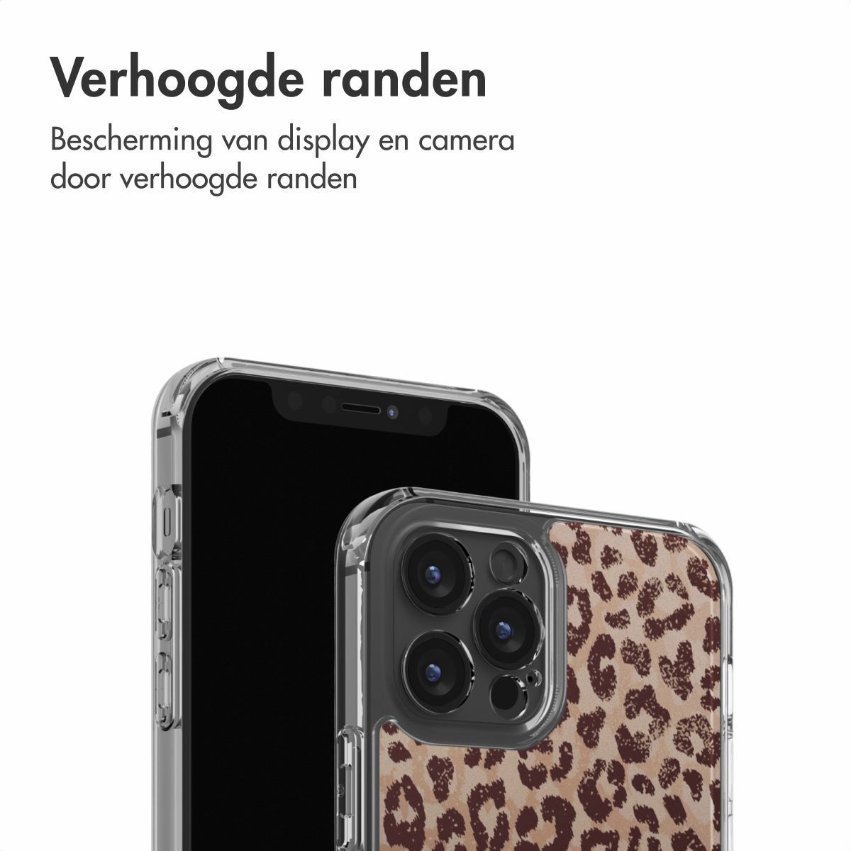 Deux smartphones, dont un avec une coque à imprimé léopard, sont présentés. Le téléphone de gauche est uni. Les deux téléphones sont dans des coques de protection transparentes.