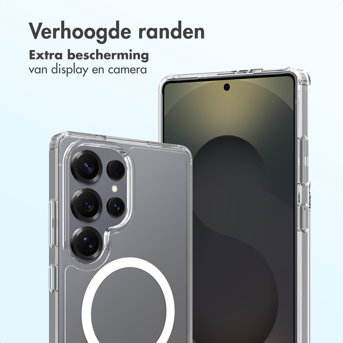 Deux coques de téléphone transparentes présentent des bords surélevés pour la protection de l'écran et de l'appareil photo. Une coque montre l'appareil photo.