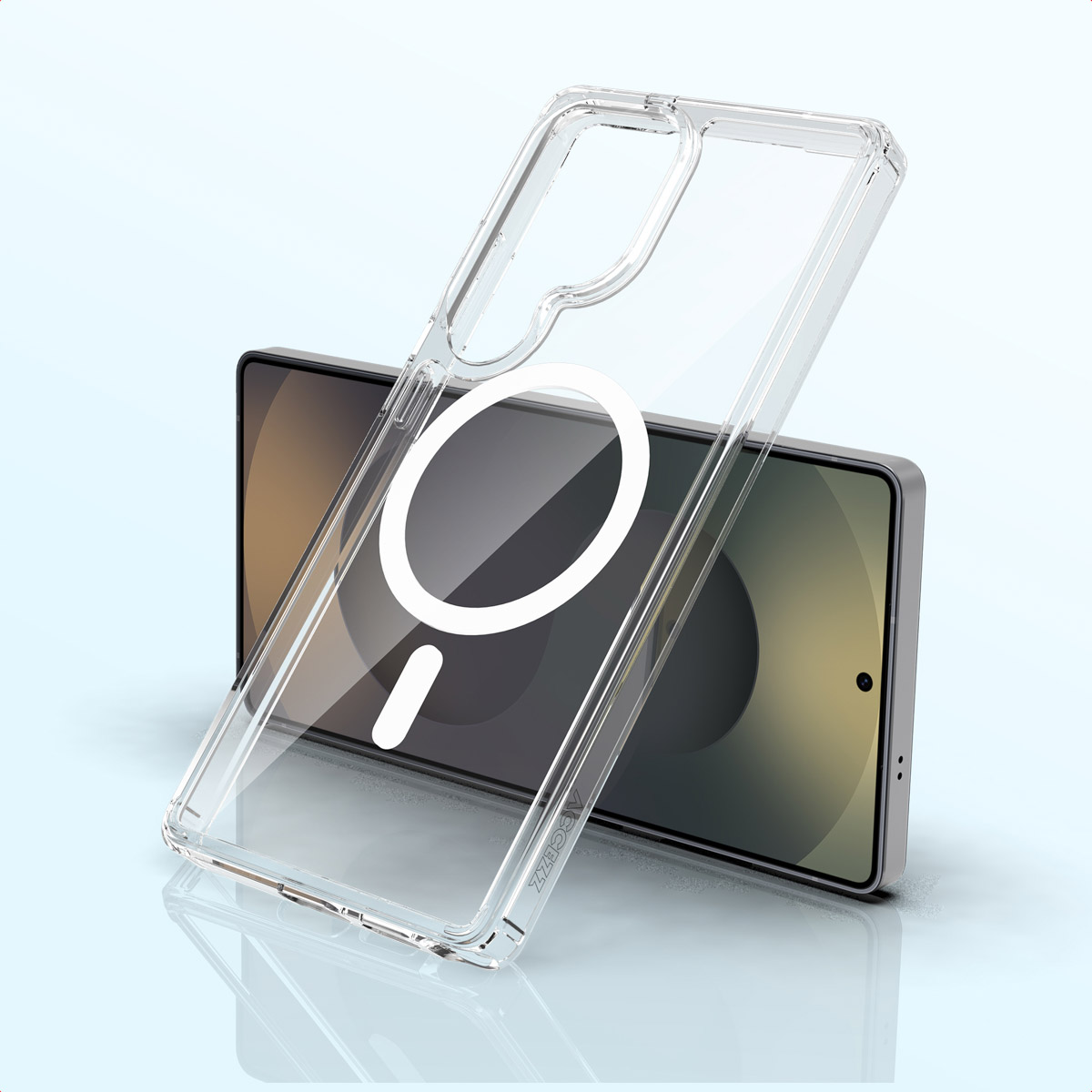 Une coque de téléphone transparente avec un anneau magnétique blanc est posée sur un téléphone, en biais sur un fond bleu dégradé.