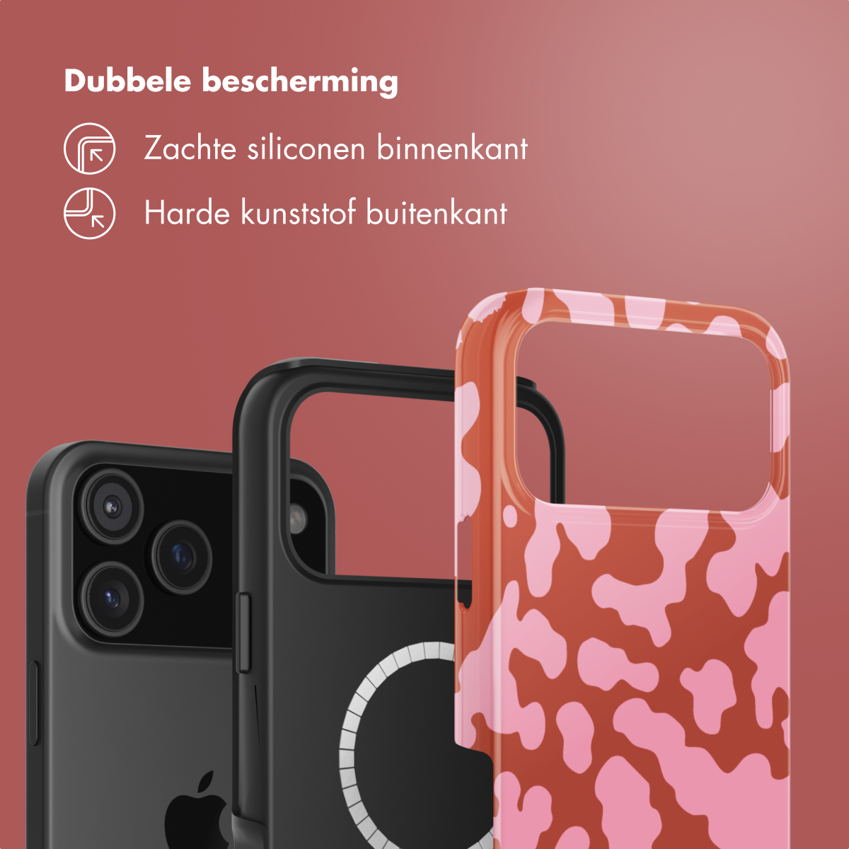 Drie telefoonhoesjes: zwart, zwart met witte cirkel en rood en roze patroon, tegen een rode achtergrond.