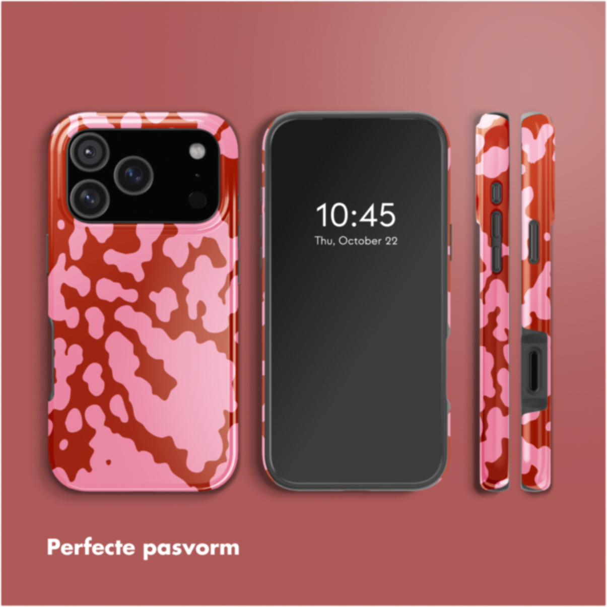 Afbeelding van een smartphone met een roze en bruin patroon hoesje, met de voorkant, zijkant en achterkant. Het scherm toont de tijd.