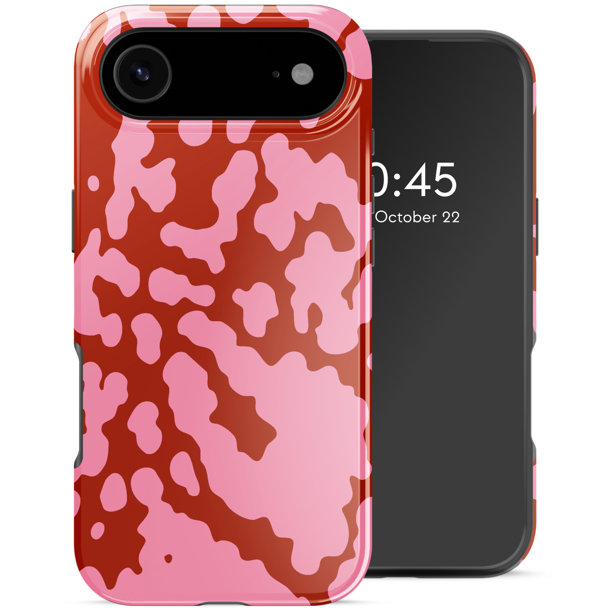 Un étui de téléphone rouge avec des taches roses à côté d'un smartphone noir indiquant l'heure 0:45 et la date du 22 octobre.