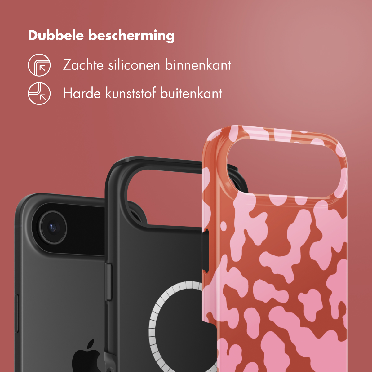 Trois étuis de téléphone : noir, noir avec cercle blanc et orange avec taches roses. Texte : « Double protection ».