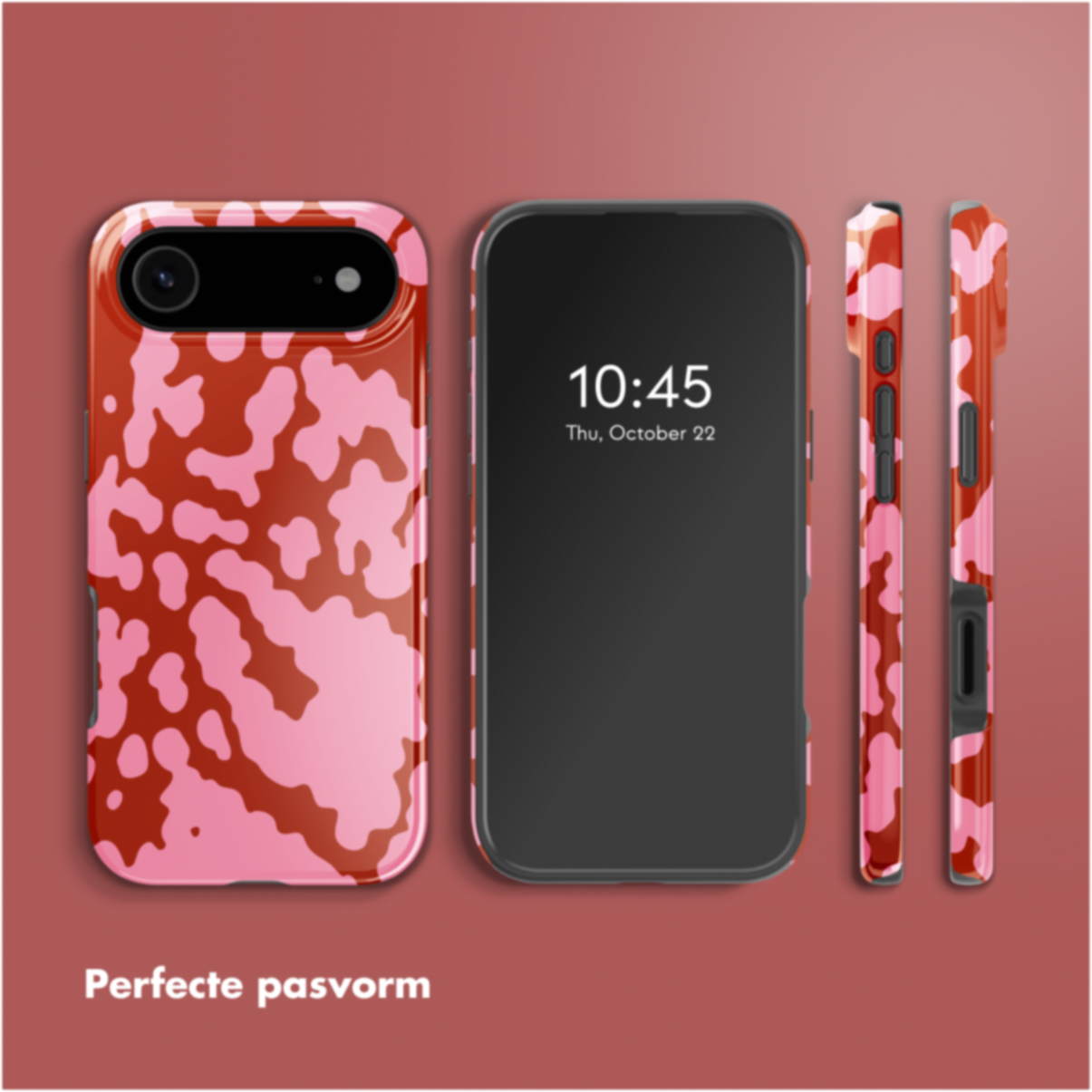 L'image montre un téléphone et ses étuis, avec un motif rose et marron. Le téléphone affiche l'heure 10:45, jeudi 22 octobre.