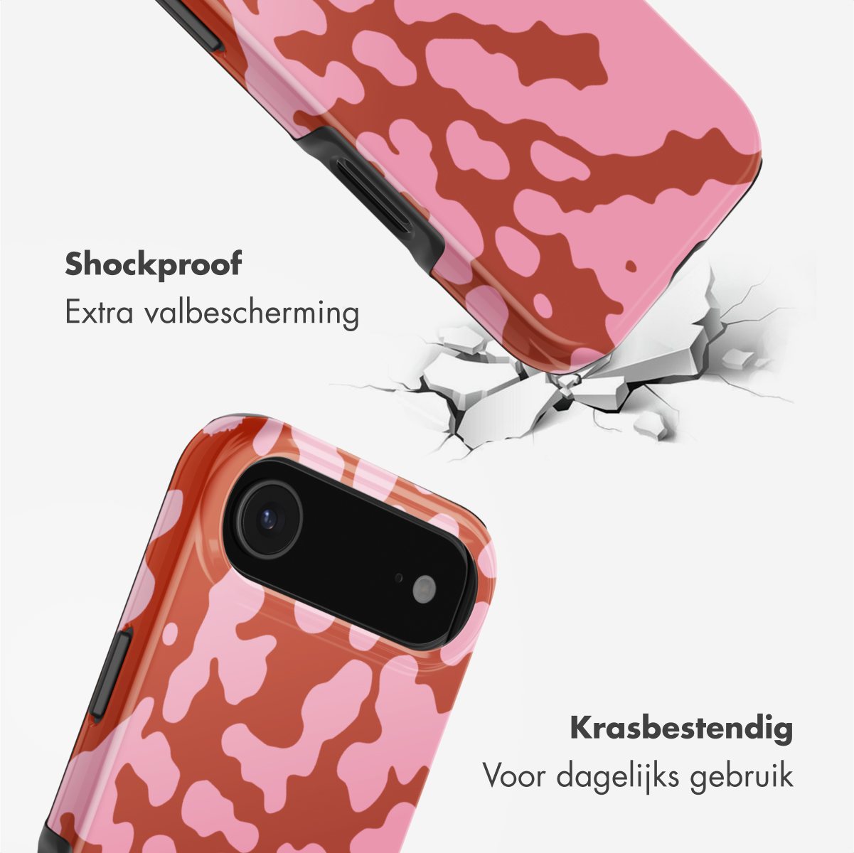 Deux coques de téléphone avec un motif tacheté rose et marron, l'une semblant briser une surface, avec du texte sur la protection.