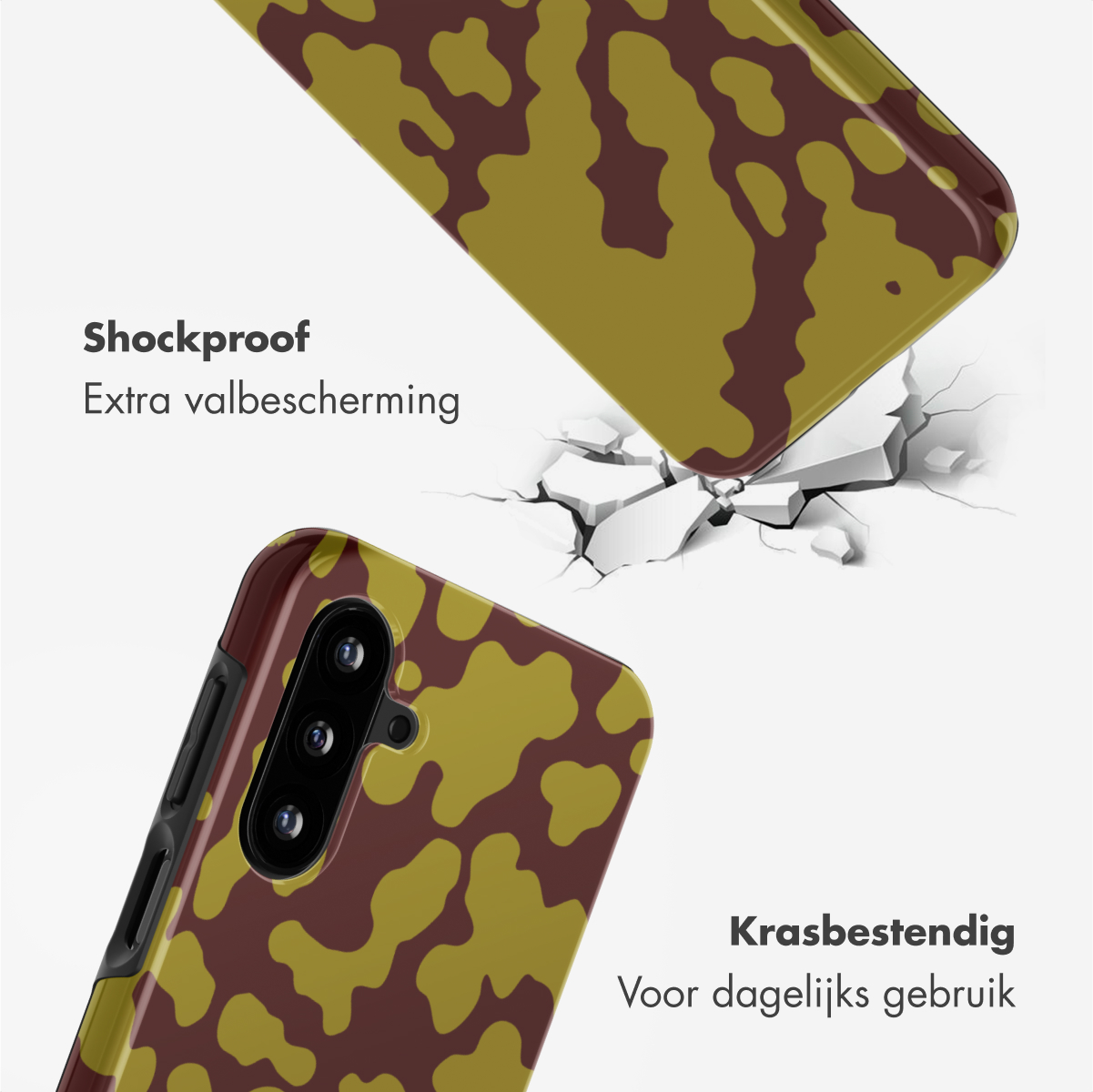 Des coques de téléphone avec un motif camouflage marron et jaune sont affichées, une tombant et une au sol.