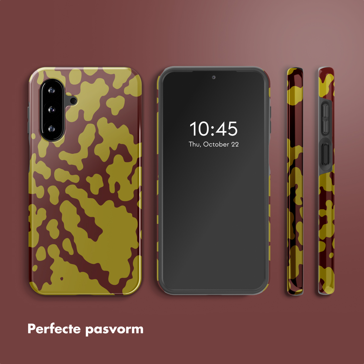 Un telefono e custodie con un motivo mimetico. Il telefono mostra l'ora 10:45 del 22 ottobre. Le custodie sono rosse e gialle.