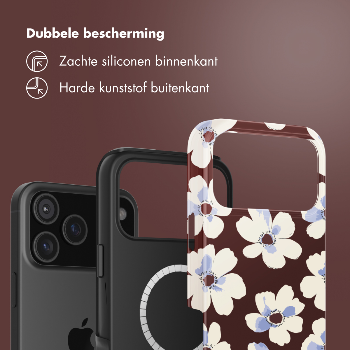 Drie telefoonhoesjes: zwart, zwart met witte cirkel en bloemenpatroon. Tekst: 'Dubbele bescherming', materialen vermeld.