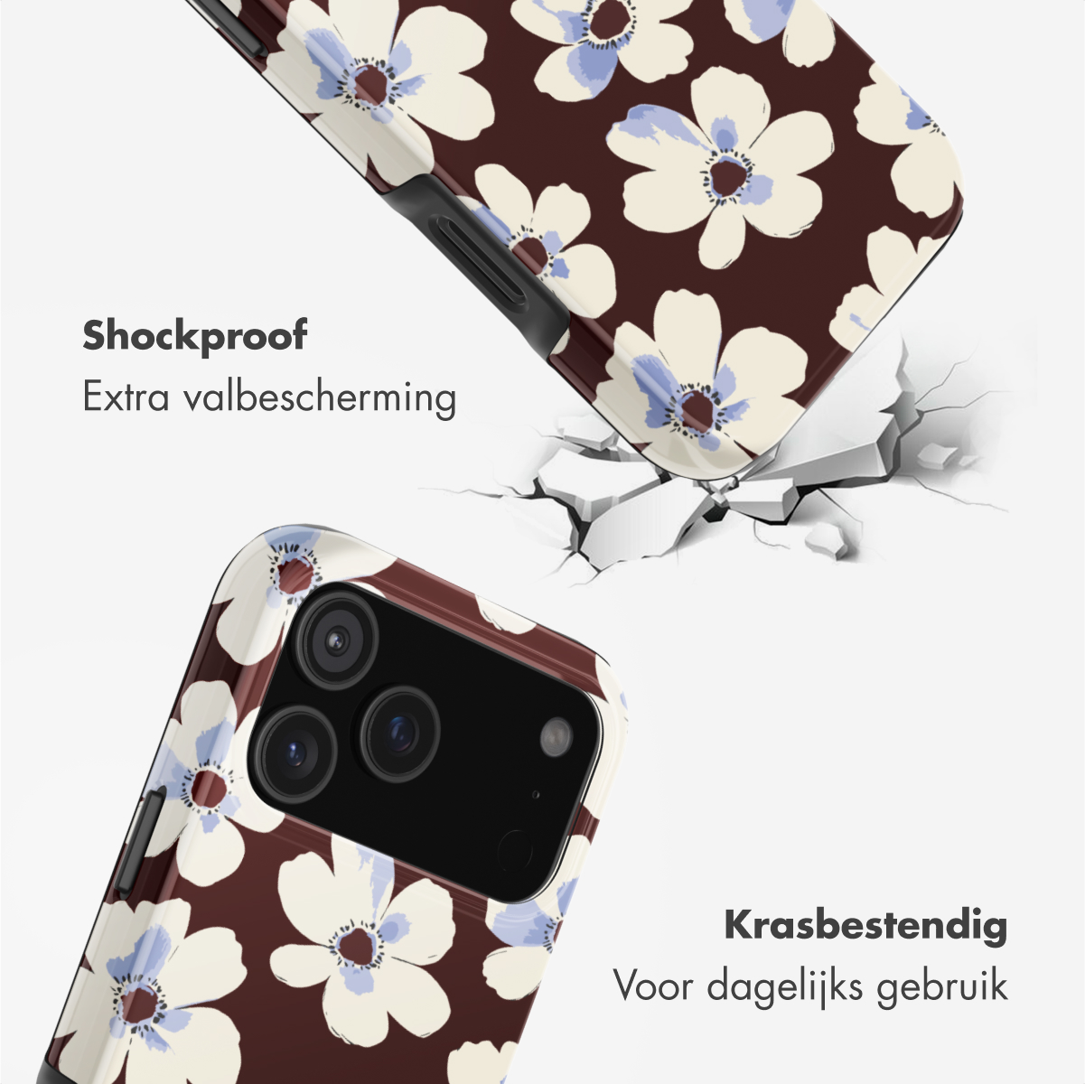 Telefoonhoesje met bloemenpatroon, dat een oppervlak breekt. Tekst: Schokbestendig, Krasbestendig. Kleuren: bruin, wit, blauw.