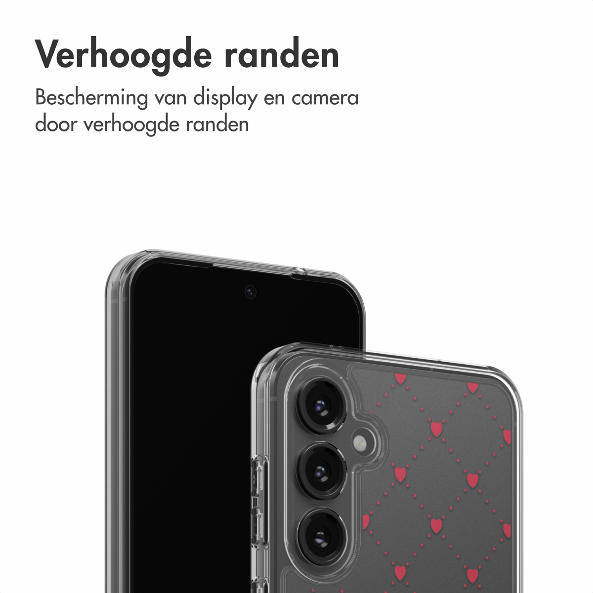 Twee smartphones. Eén heeft een transparante hoes met rode hartjes, de andere een zwart scherm. Tekst in het Nederlands bovenaan.