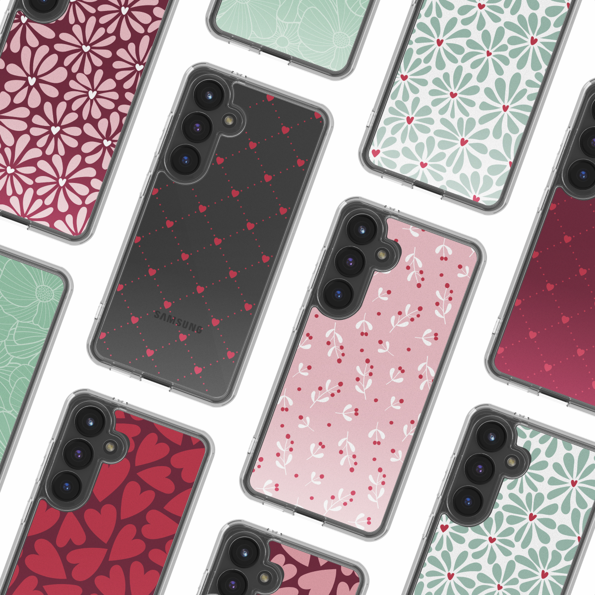 Verschillende telefoonhoesjes met verschillende ontwerpen: harten, bloemen en bladeren. Hoesjes hebben zwarte, roze, rode en groene patronen.