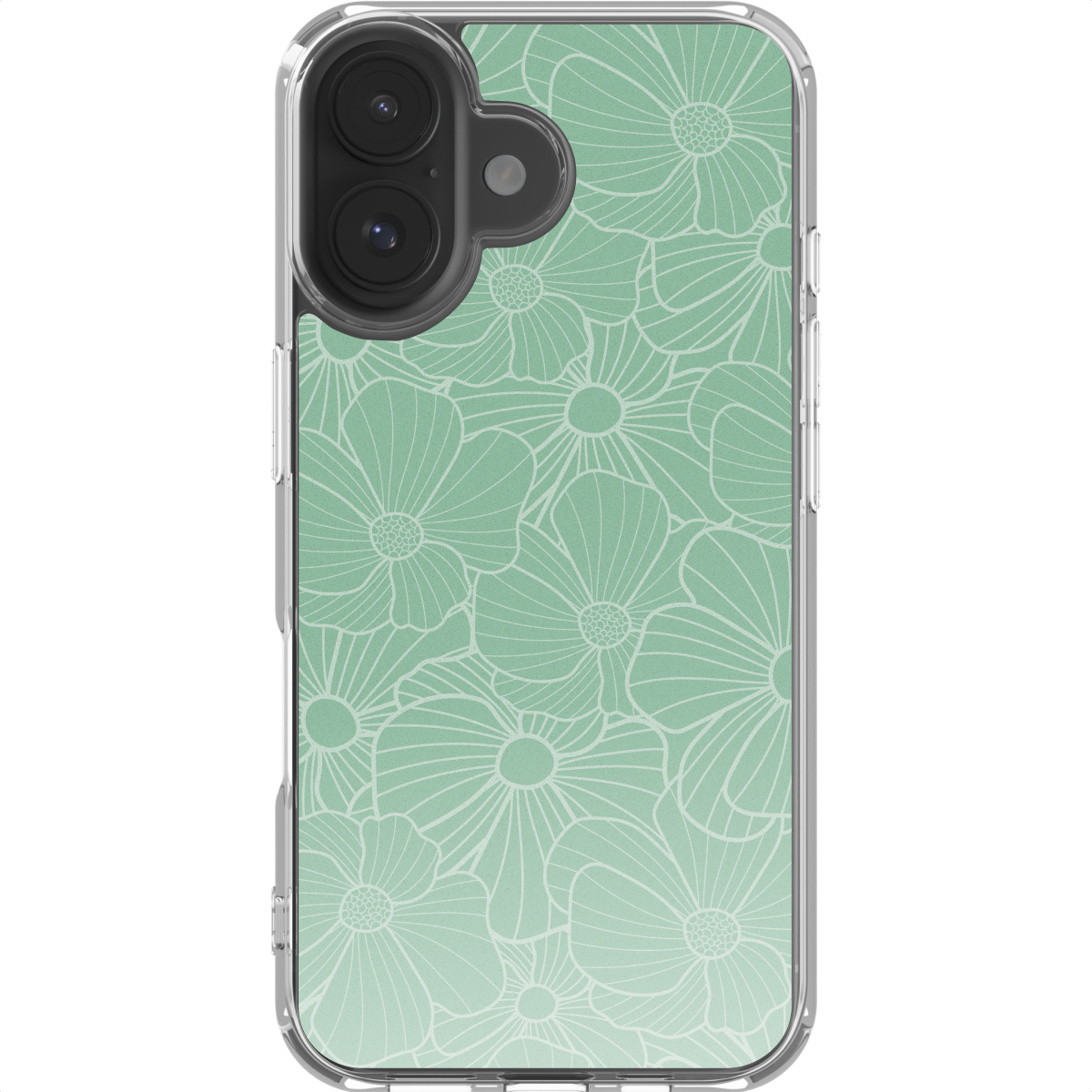 Een smartphonehoesje met een lichtgroen bloemendesign. De hoes heeft een doorzichtige rand en een cameramodule met drie lenzen.