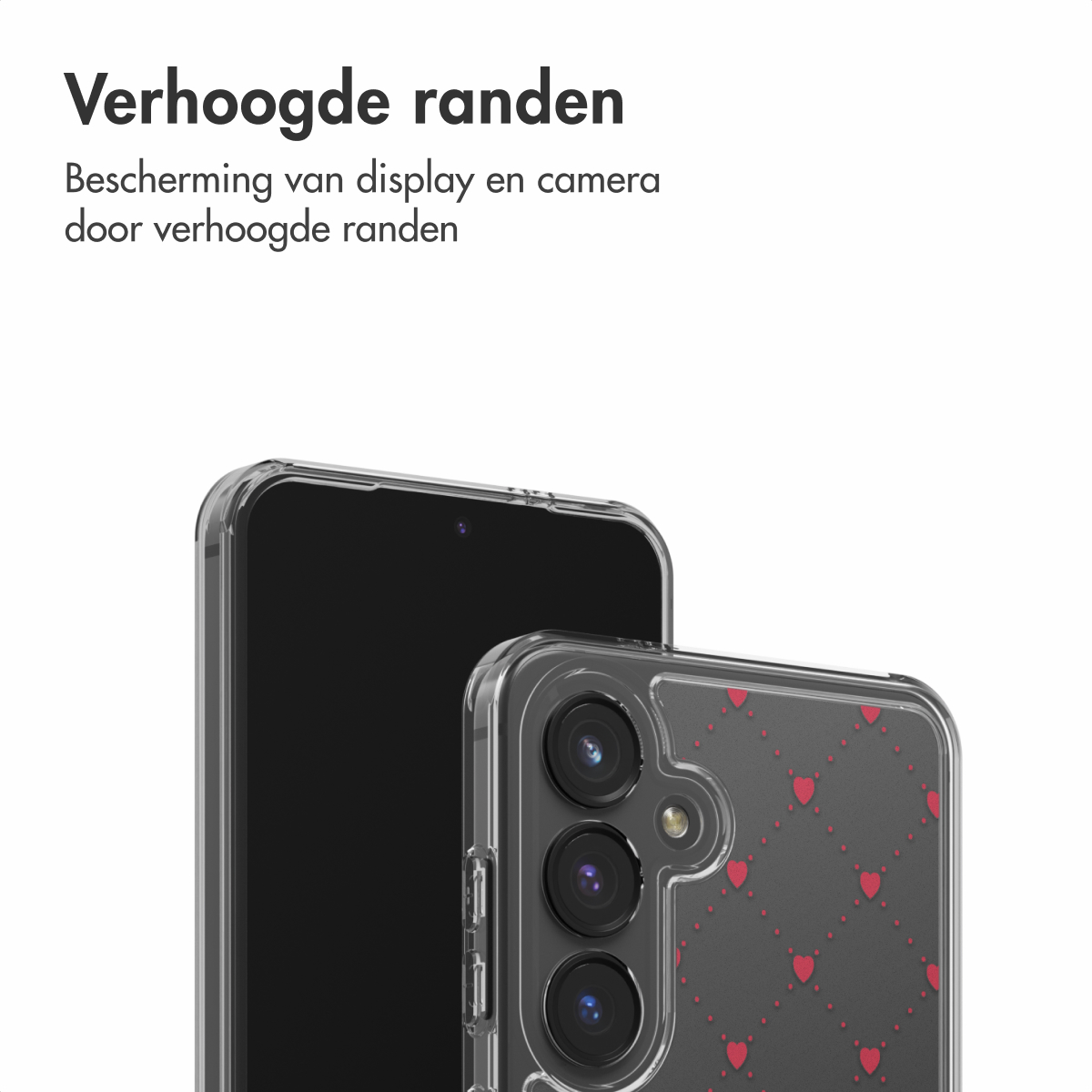Twee telefoons in hoesjes. Eén heeft een zwart scherm, de andere is transparant met rood hartpatroon, met tekst in het Nederlands.