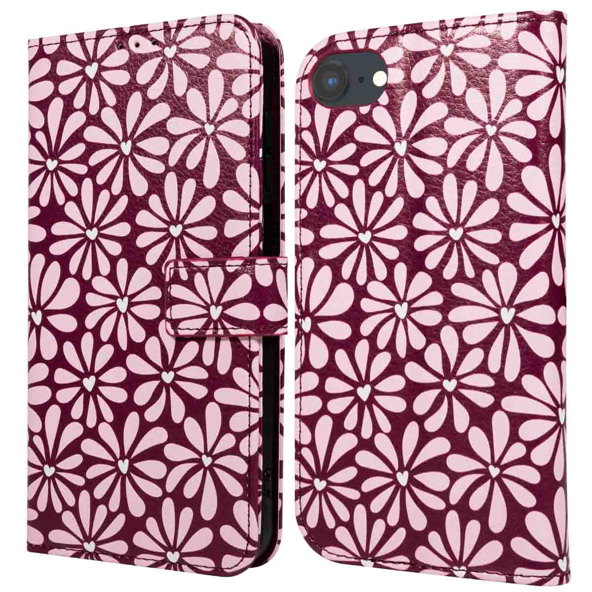 Una custodia per telefono con un motivo floreale. La custodia è bordeaux, con fiori bianchi. La custodia è aperta.
