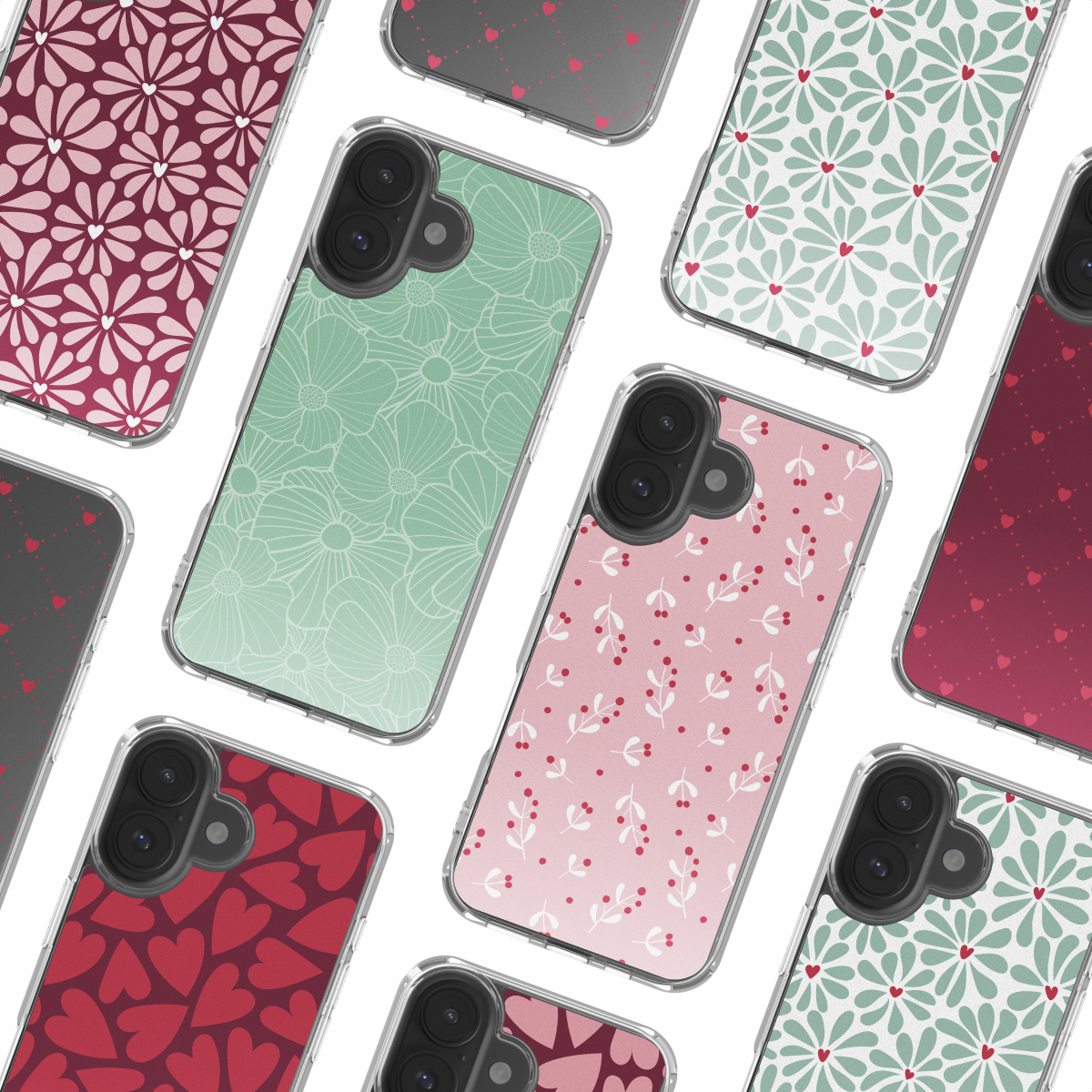 Verzameling telefoonhoesjes met verschillende patronen: bloemen, harten en bessen, in roze, groene en rode tinten op een witte achtergrond.