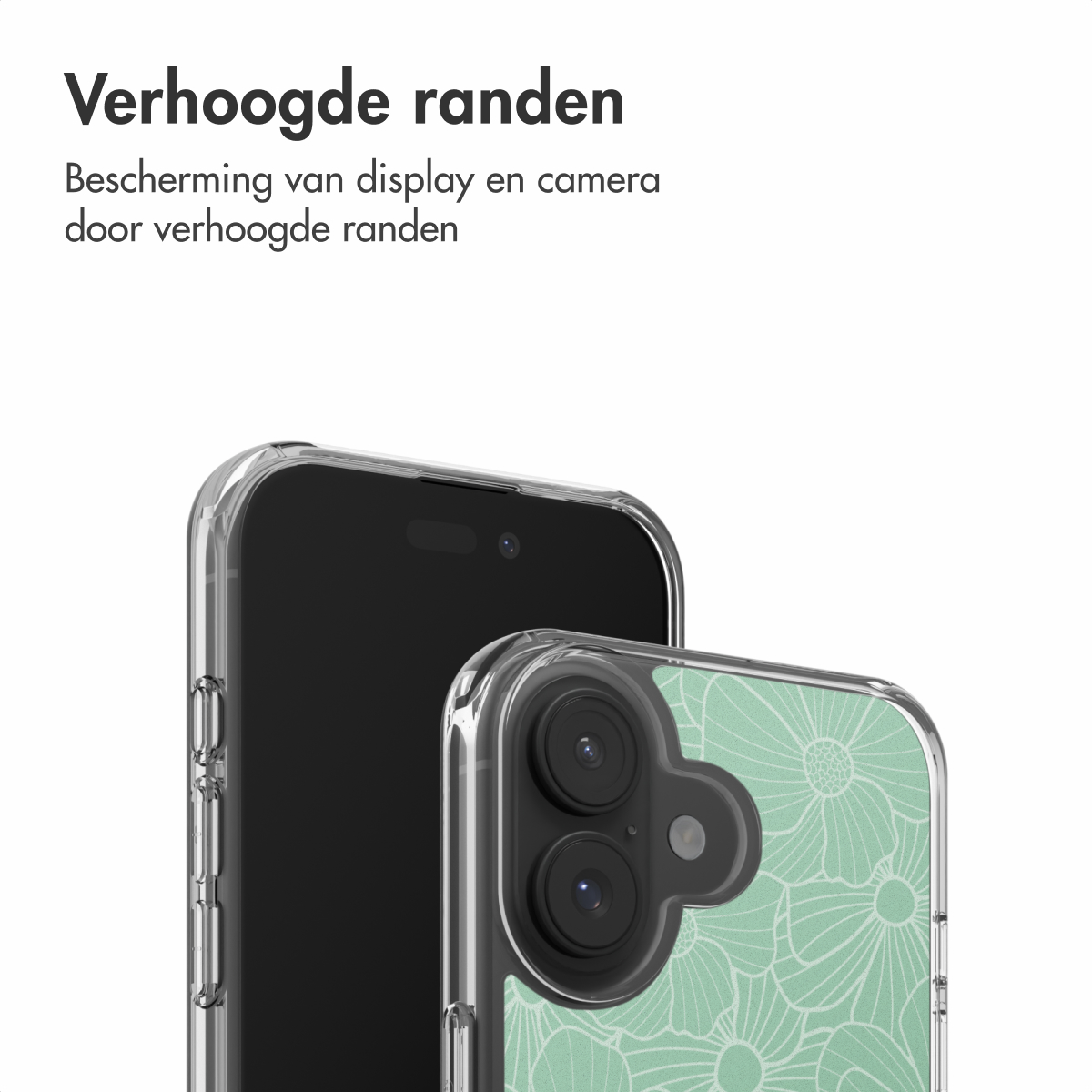 Twee smartphones in transparante hoesjes. Eén toont een zwart scherm, de ander een bloemenpatroon.
